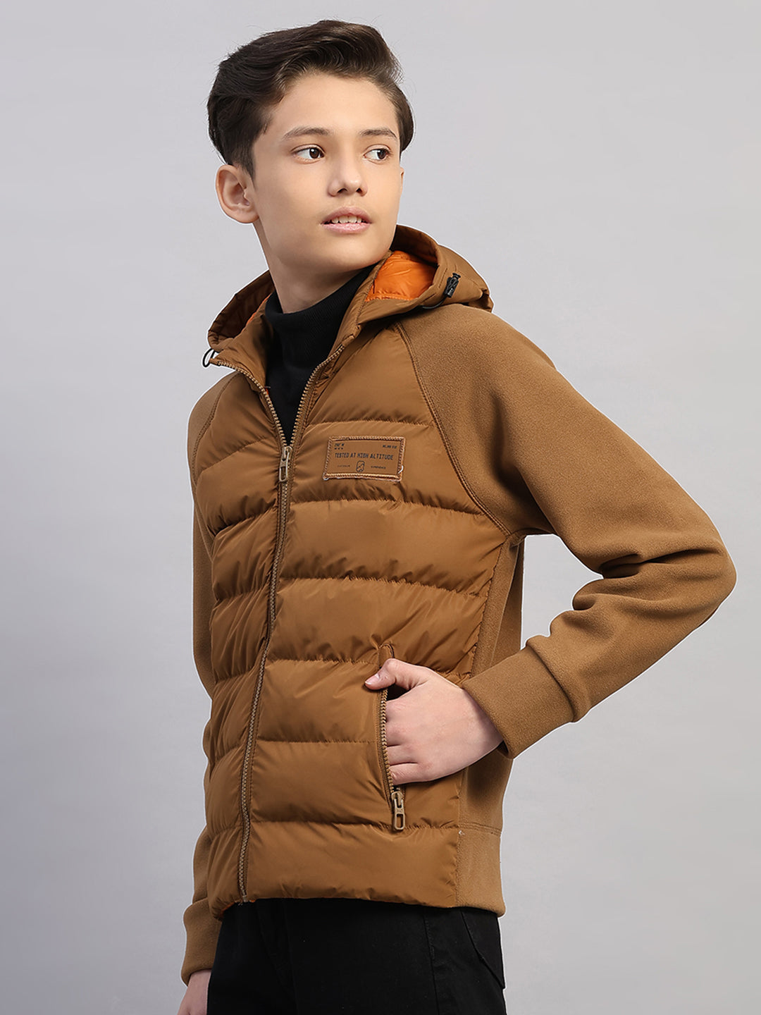 Boys Brown Solid Hooded Full Sleeve Jacket