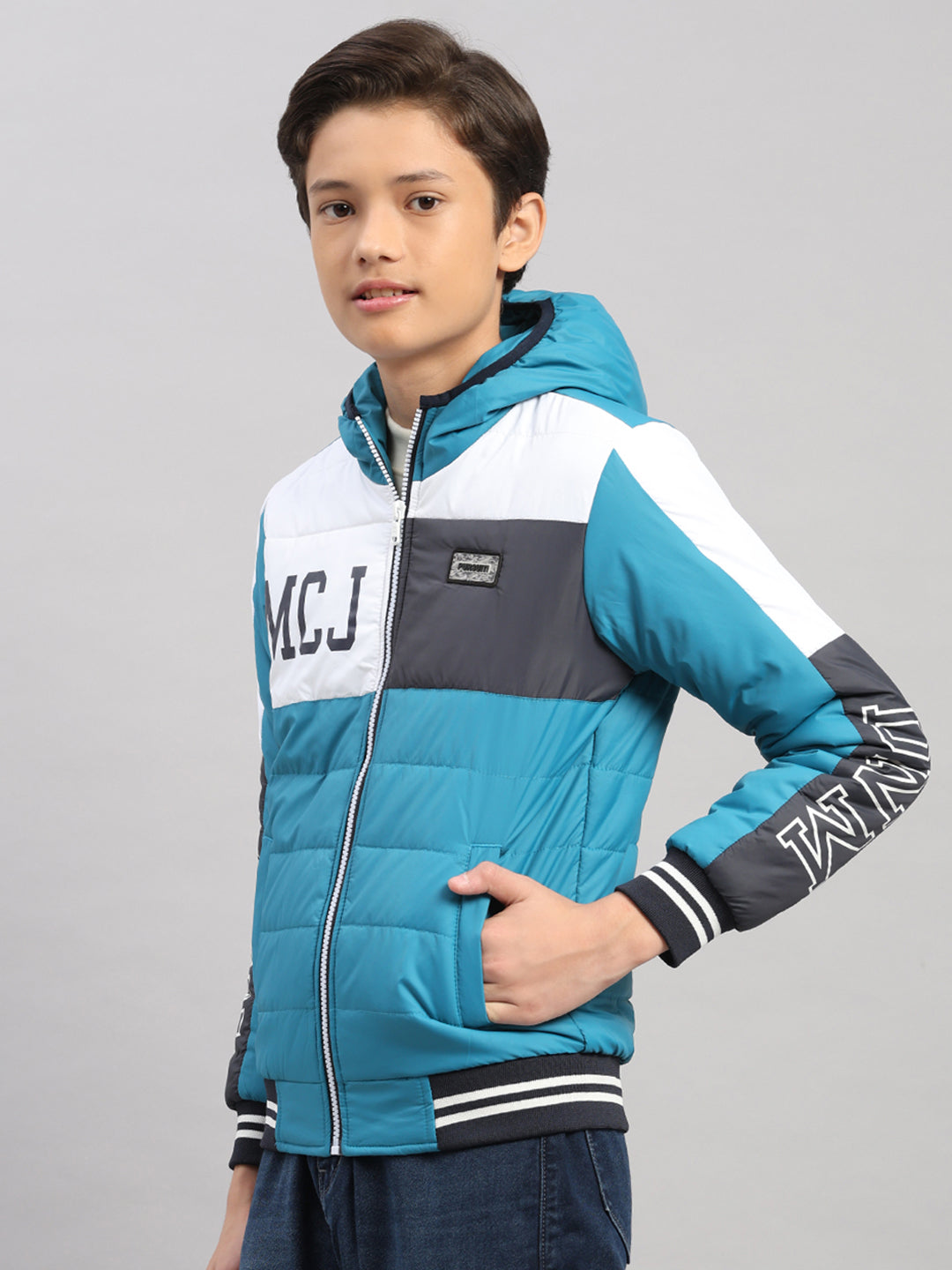 Boys Teal Blue Printed Hooded Full Sleeve Jacket