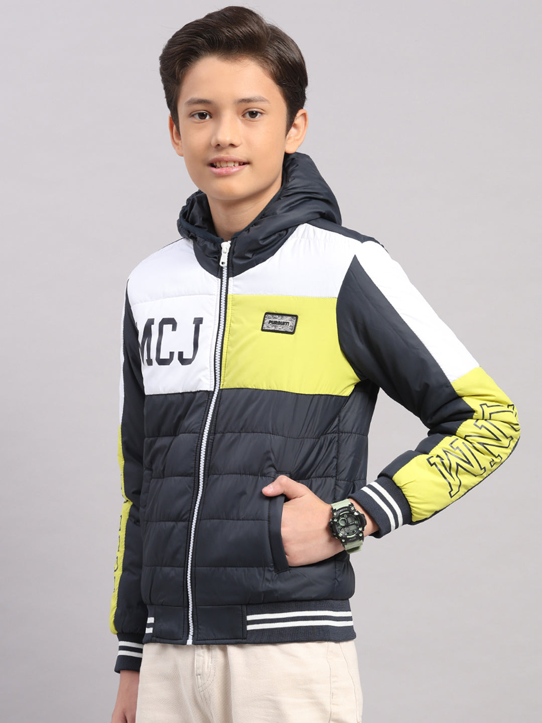 Boys Navy Blue Printed Hooded Full Sleeve Jacket