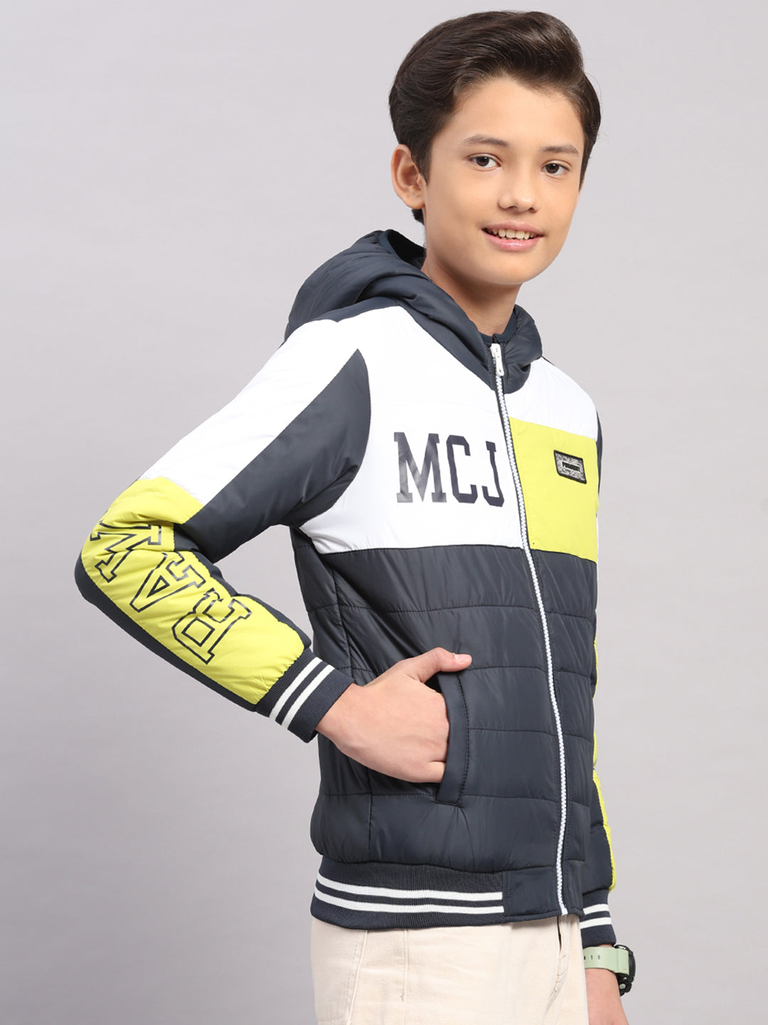 Boys Navy Blue Printed Hooded Full Sleeve Jacket