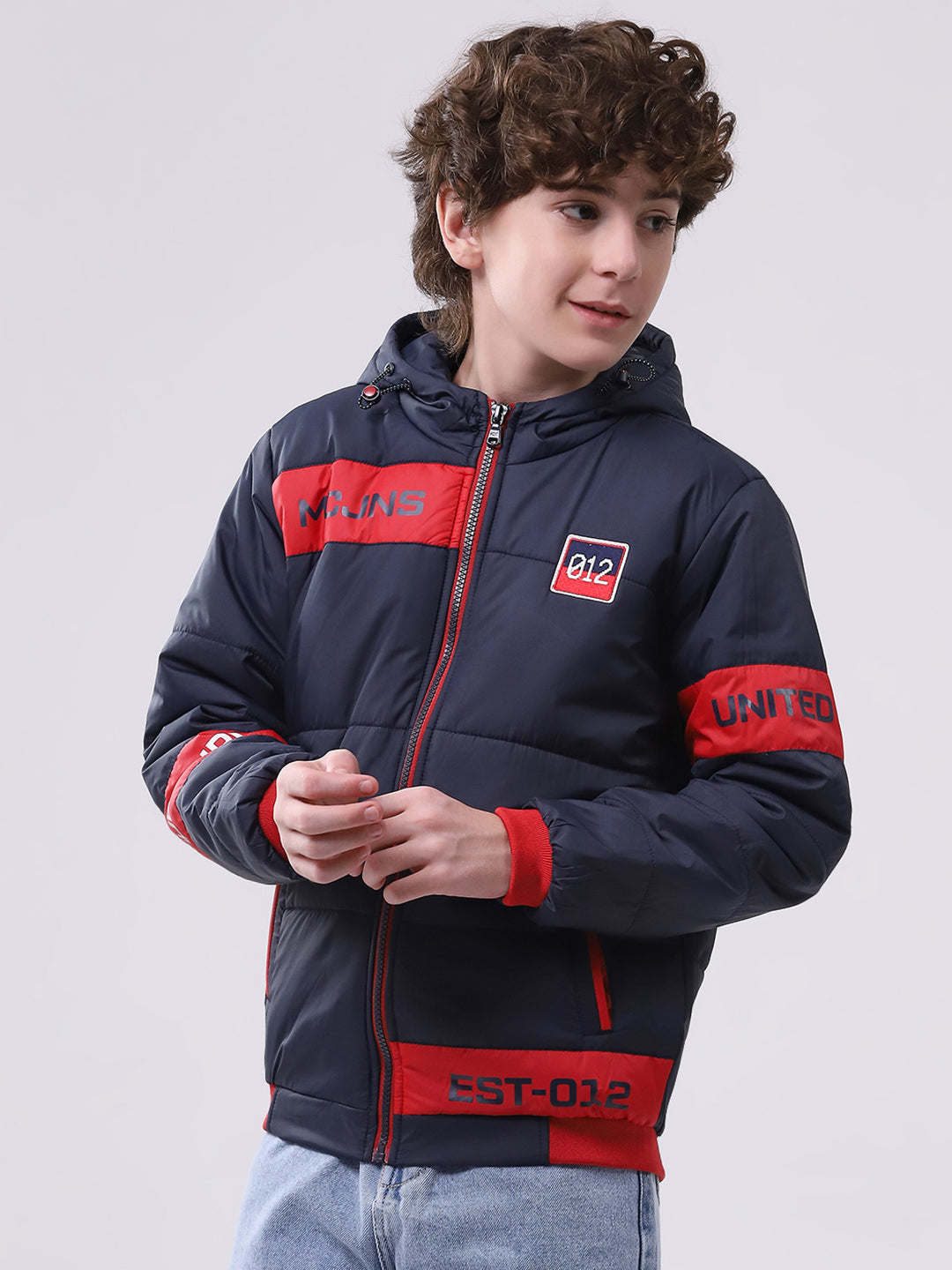 Boys Navy Blue Printed Hooded Full Sleeve Boys Jacket