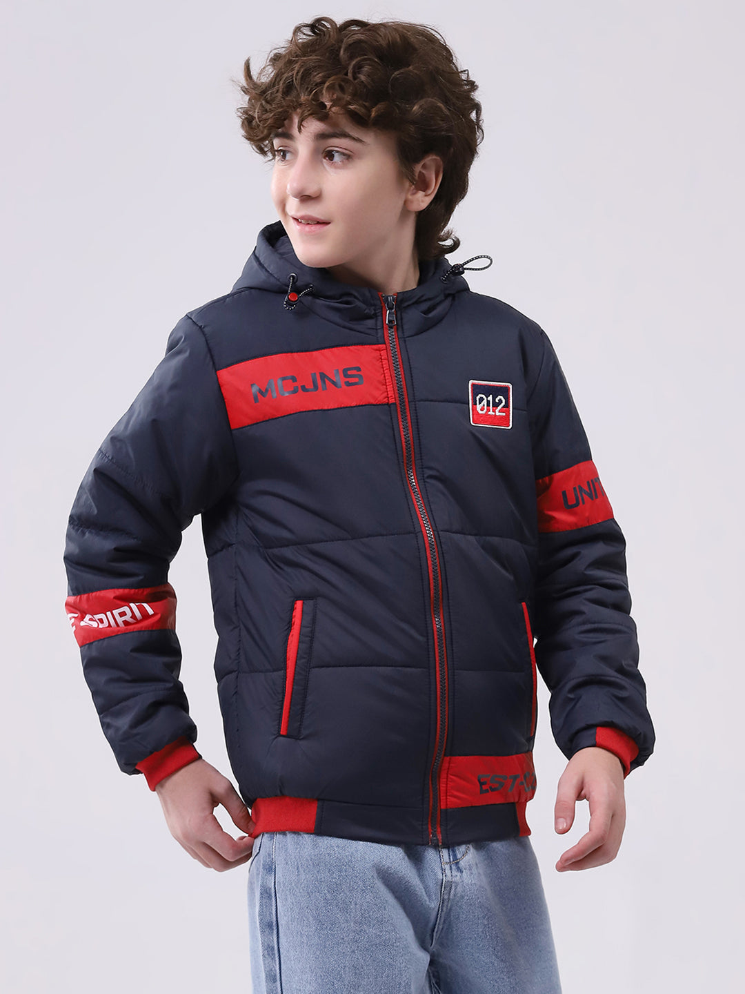 Boys Navy Blue Printed Hooded Full Sleeve Boys Jacket