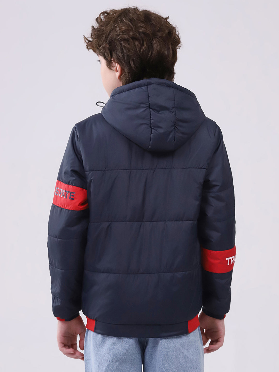 Boys Navy Blue Printed Hooded Full Sleeve Boys Jacket