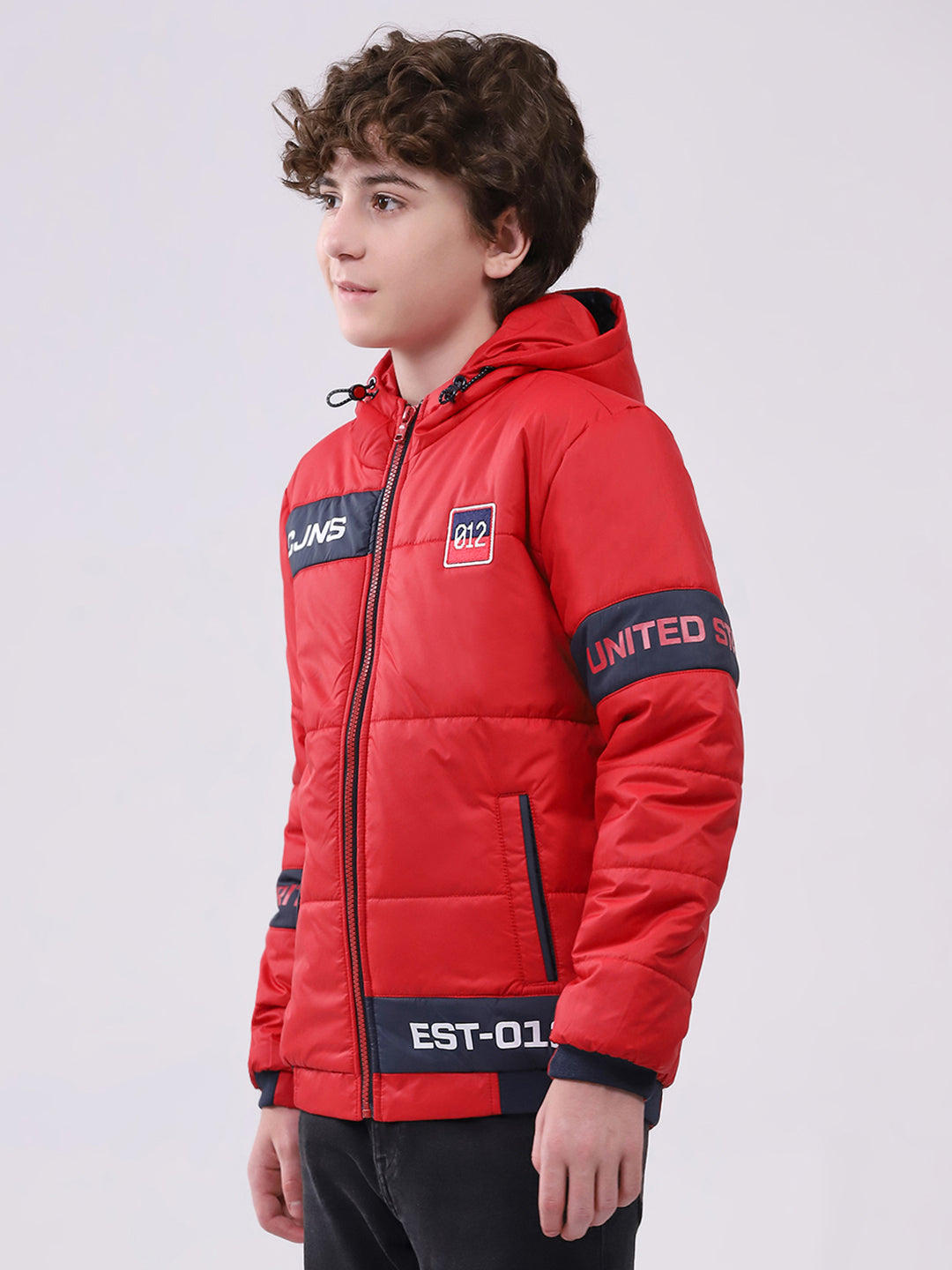Boys Red Printed Hooded Full Sleeve Boys Jacket
