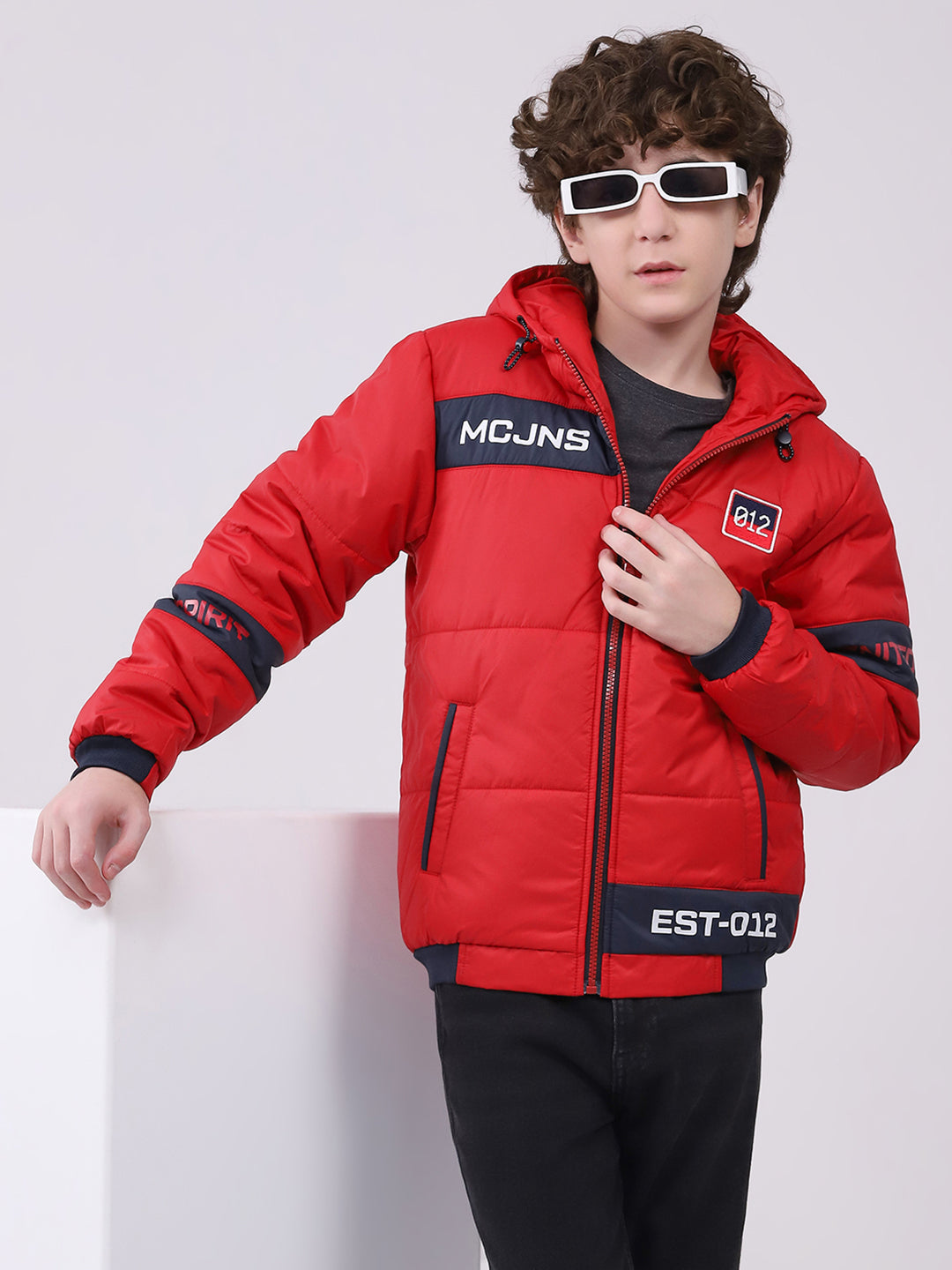 Boys Red Printed Hooded Full Sleeve Boys Jacket