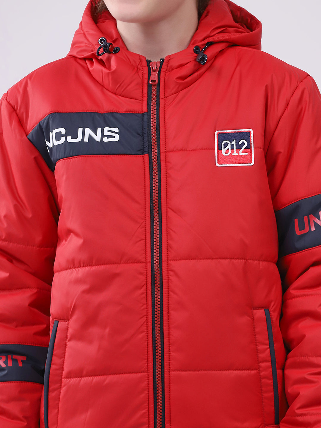Boys Red Printed Hooded Full Sleeve Boys Jacket