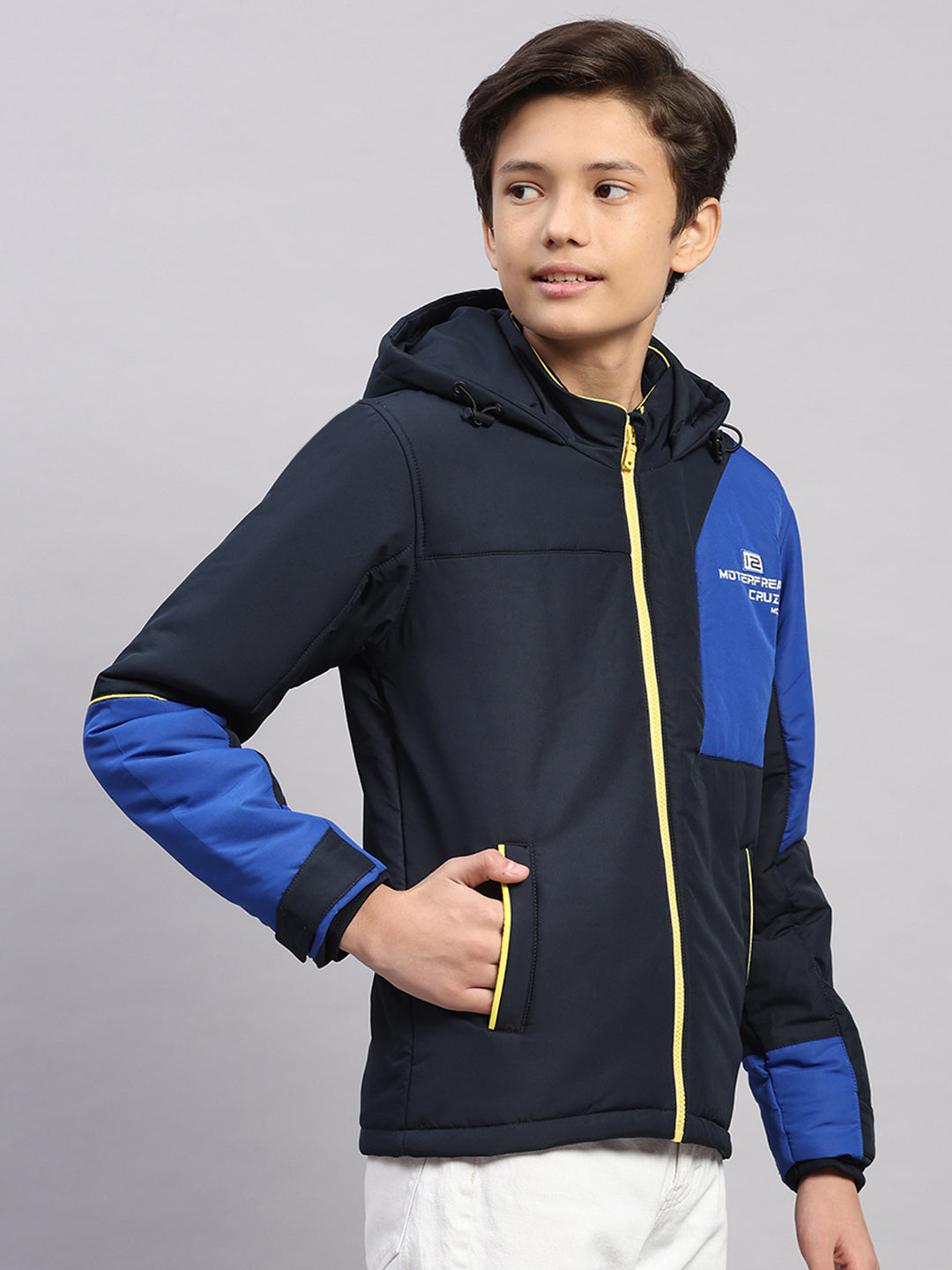 Boys Navy Blue Printed Hooded Full Sleeve Jacket