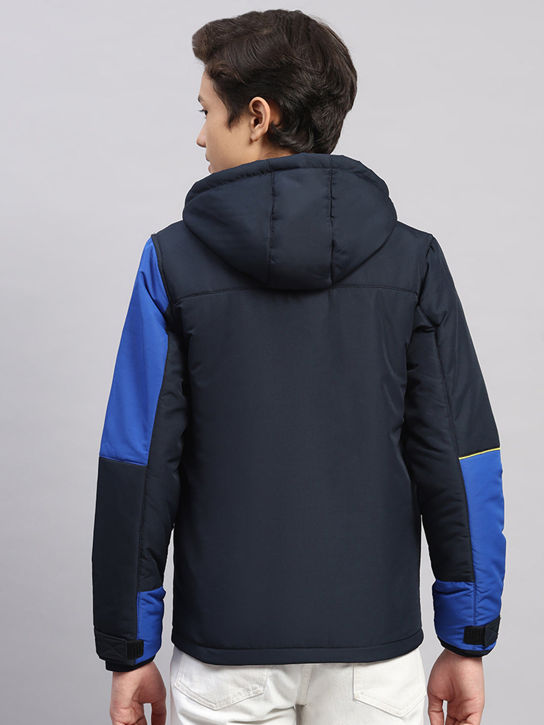 Boys Navy Blue Printed Hooded Full Sleeve Jacket