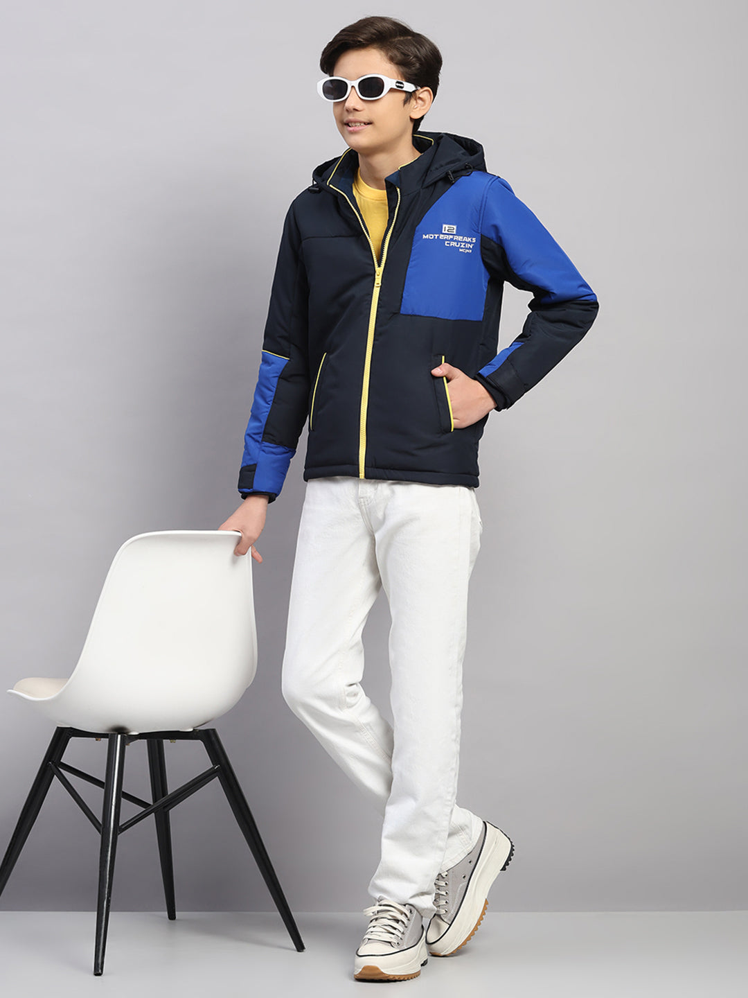 Boys Navy Blue Printed Hooded Full Sleeve Jacket