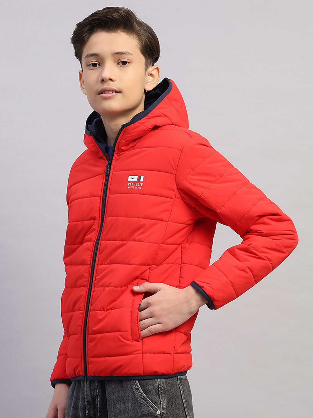 Boys Red Printed Hooded Full Sleeve Jacket