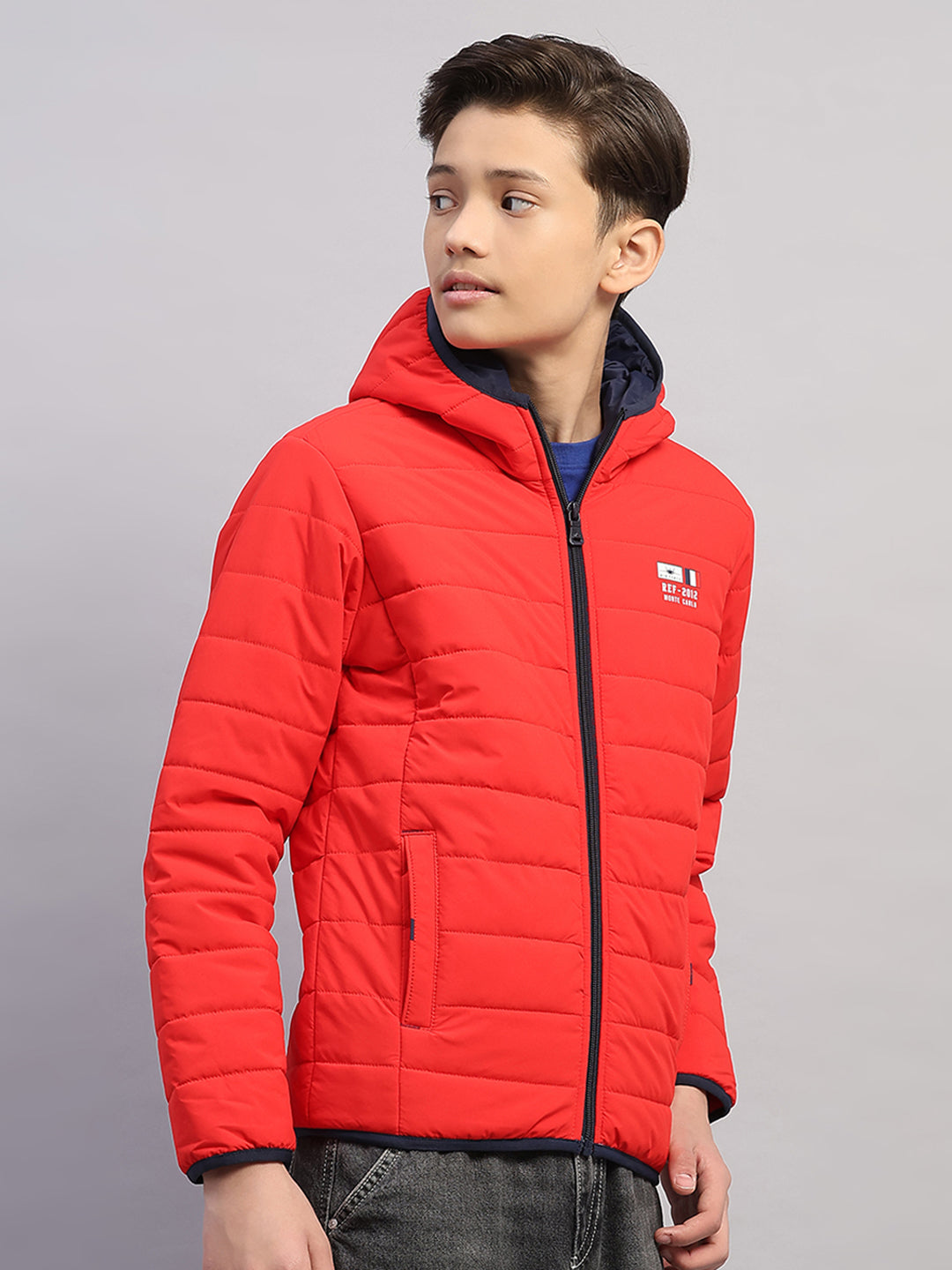 Boys Red Printed Hooded Full Sleeve Jacket
