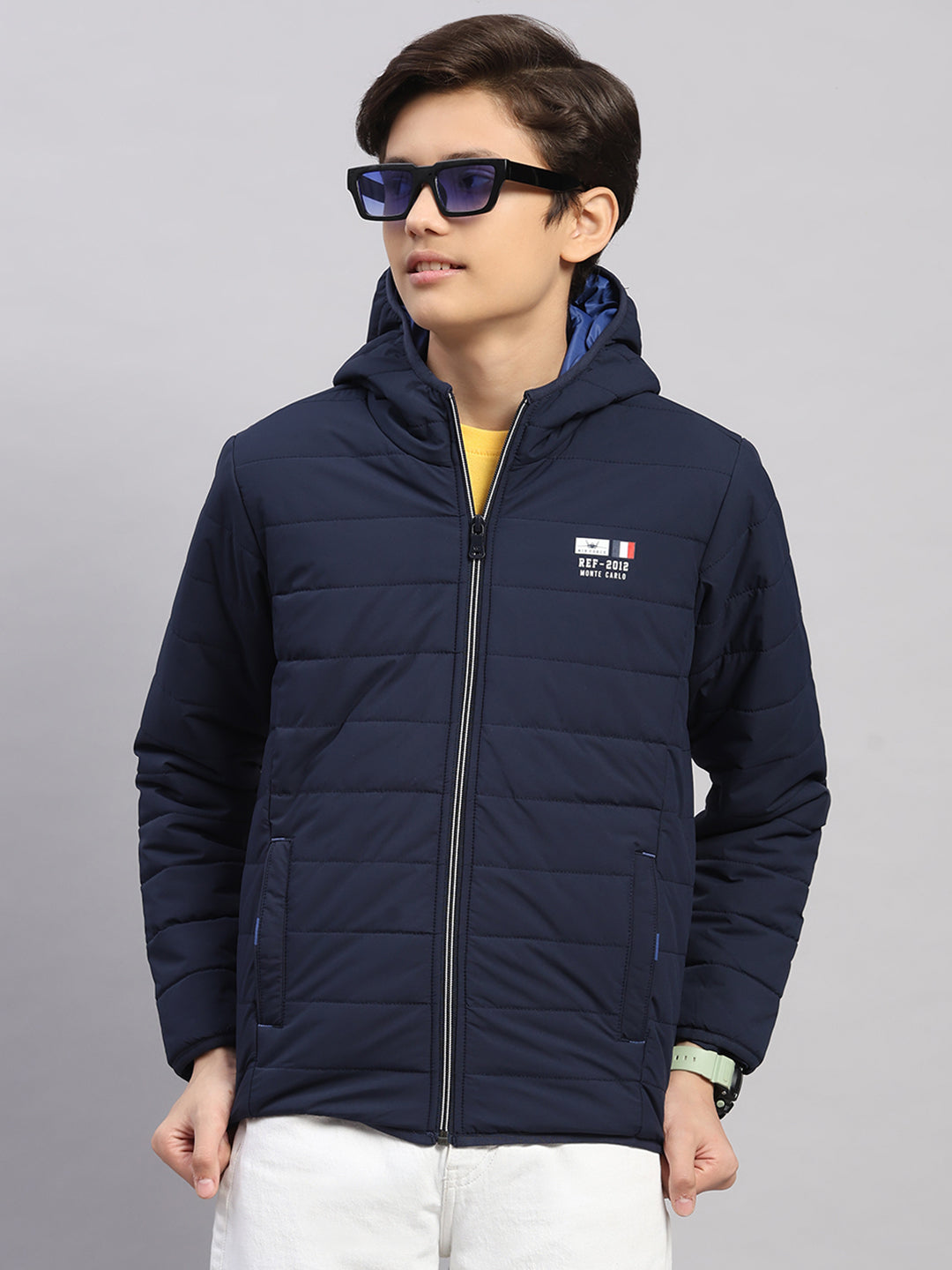 Boys Navy Blue Printed Hooded Full Sleeve Jacket