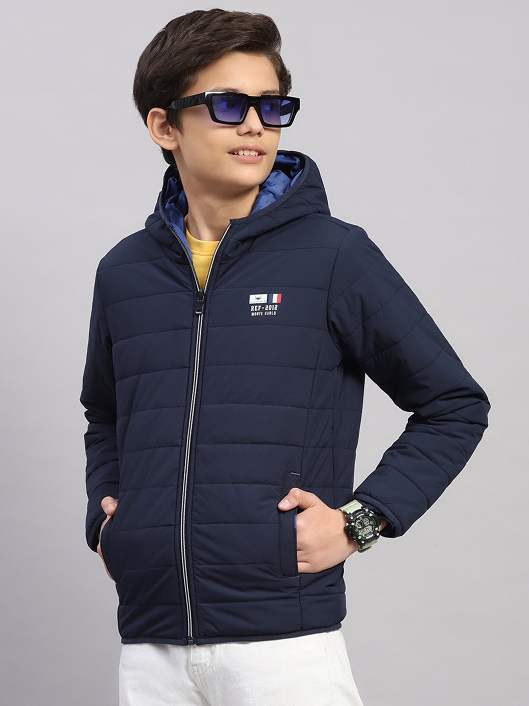 Boys Navy Blue Printed Hooded Full Sleeve Jacket