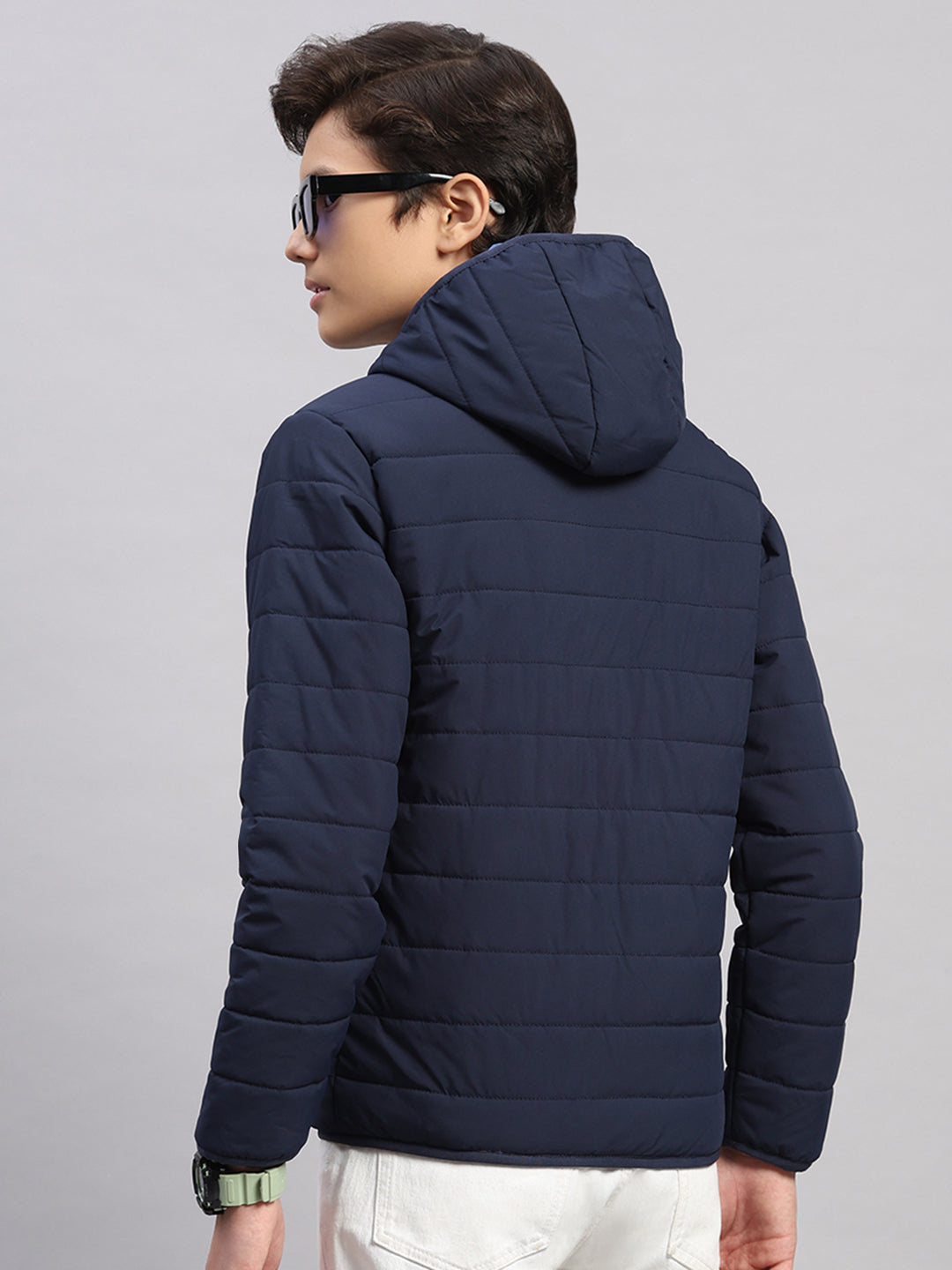 Boys Navy Blue Printed Hooded Full Sleeve Jacket