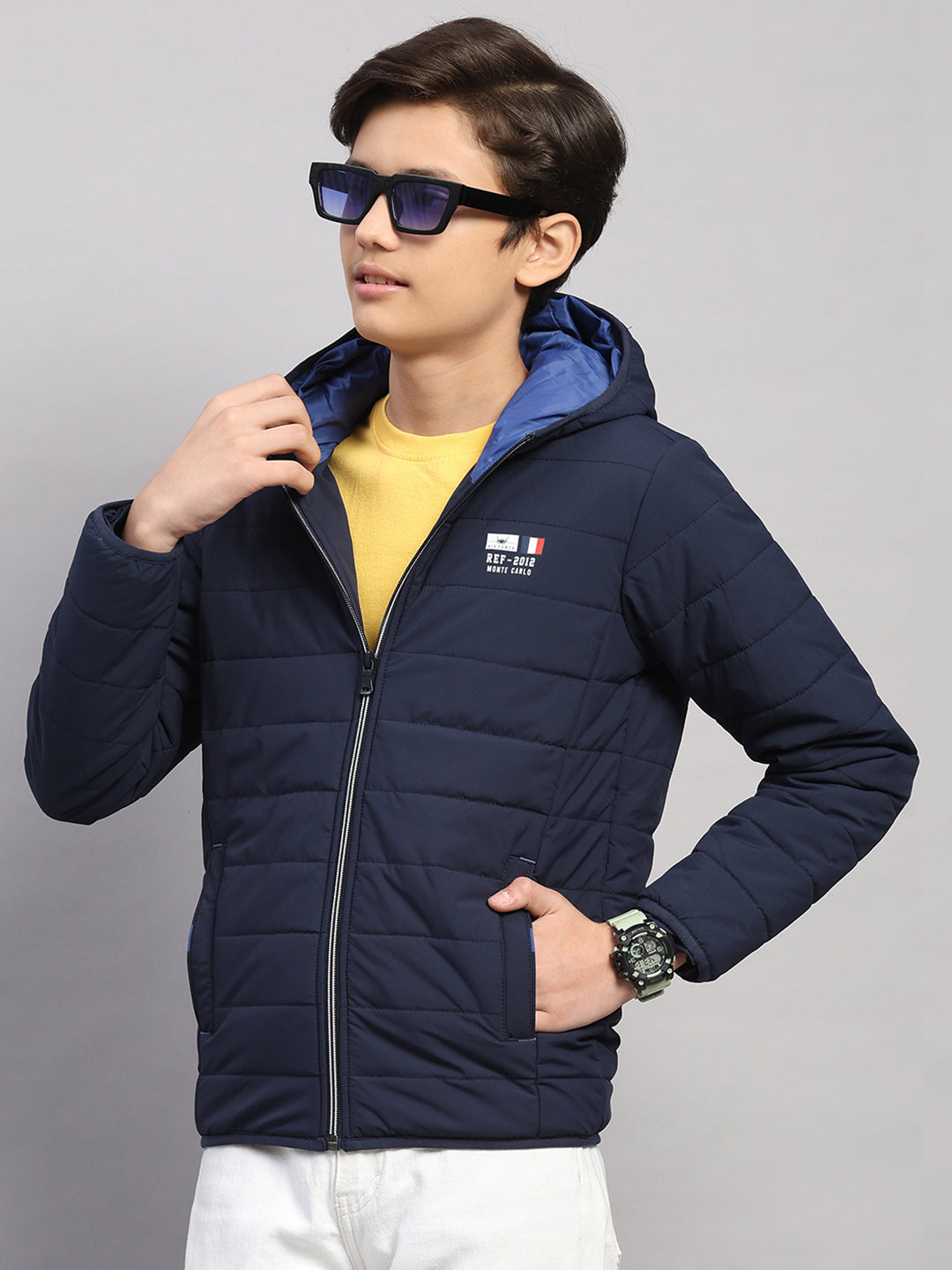 Boys Navy Blue Printed Hooded Full Sleeve Jacket