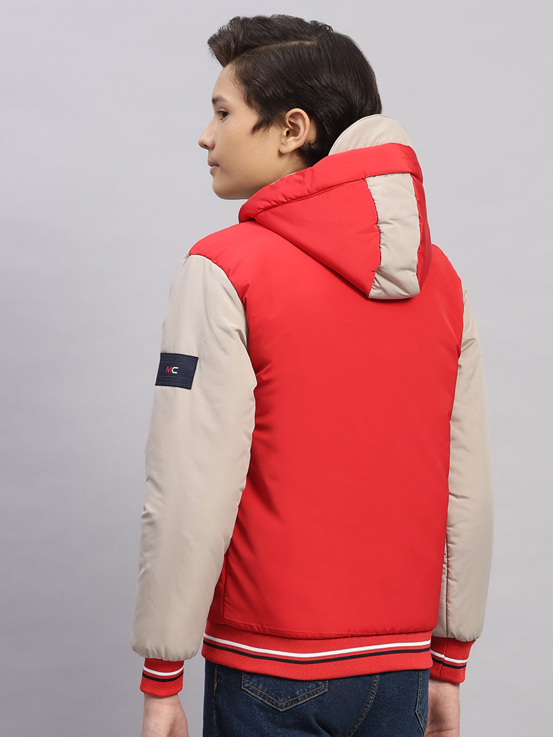 Boys Red Printed Hooded Full Sleeve Jacket