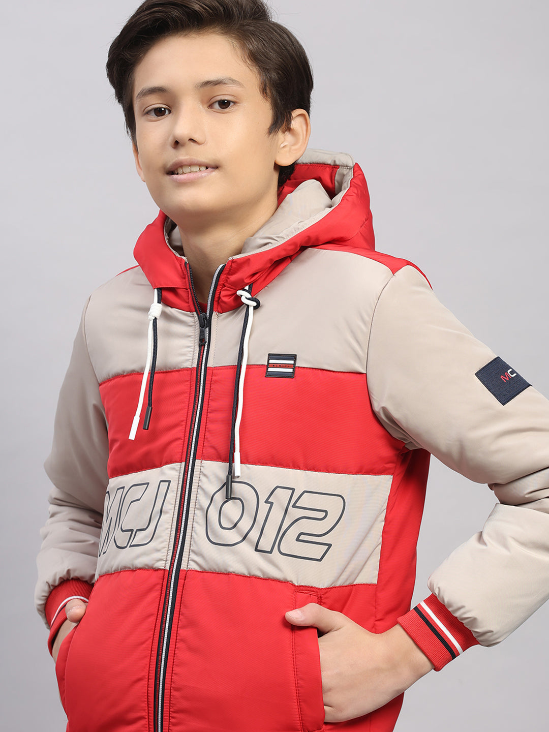 Boys Red Printed Hooded Full Sleeve Jacket