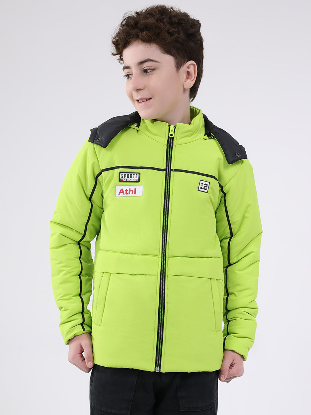 Boys Green Solid Hooded Full Sleeve Jacket