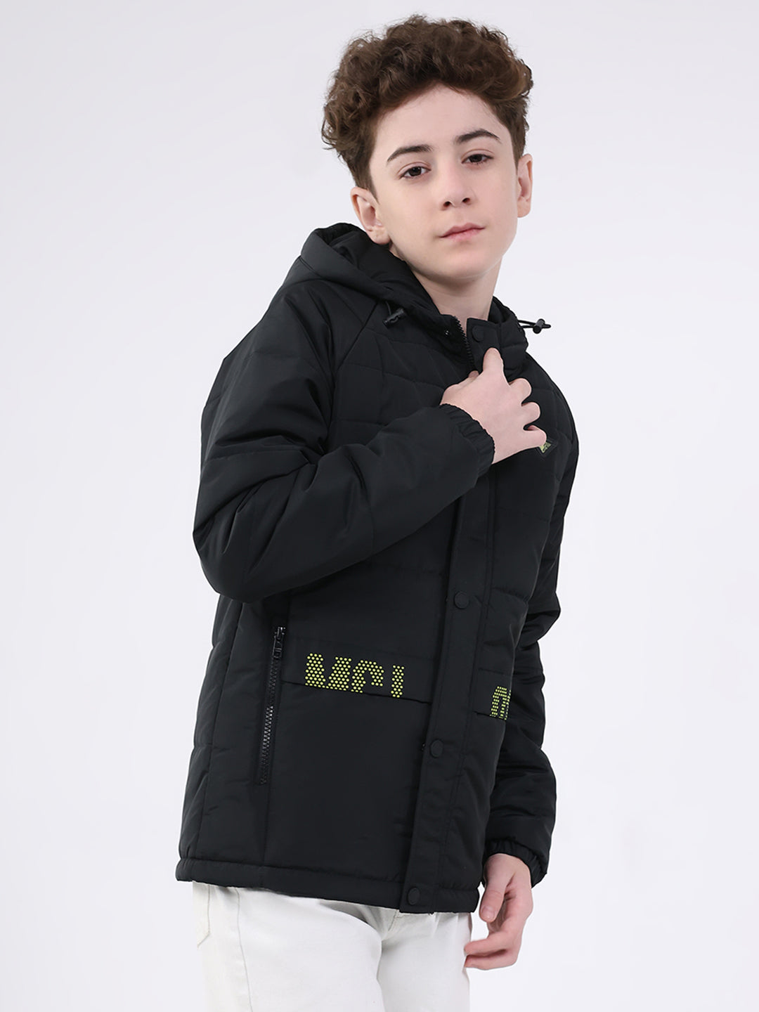 Boys Black Solid Hooded Full Sleeve Jacket