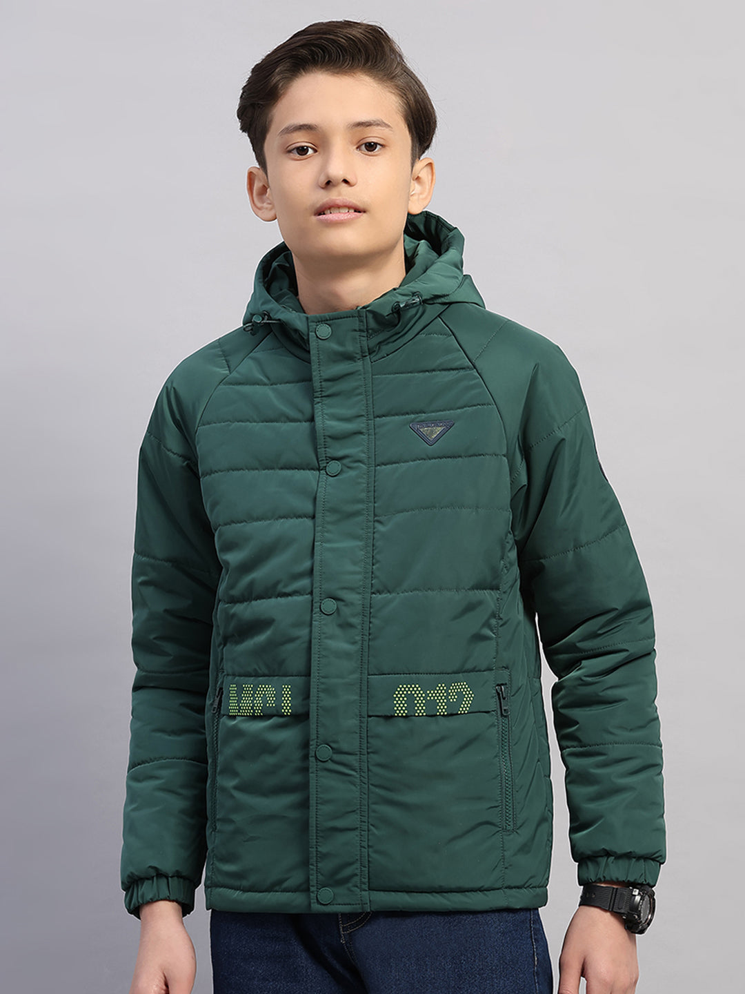 Boys Green Printed Hooded Full Sleeve Jacket