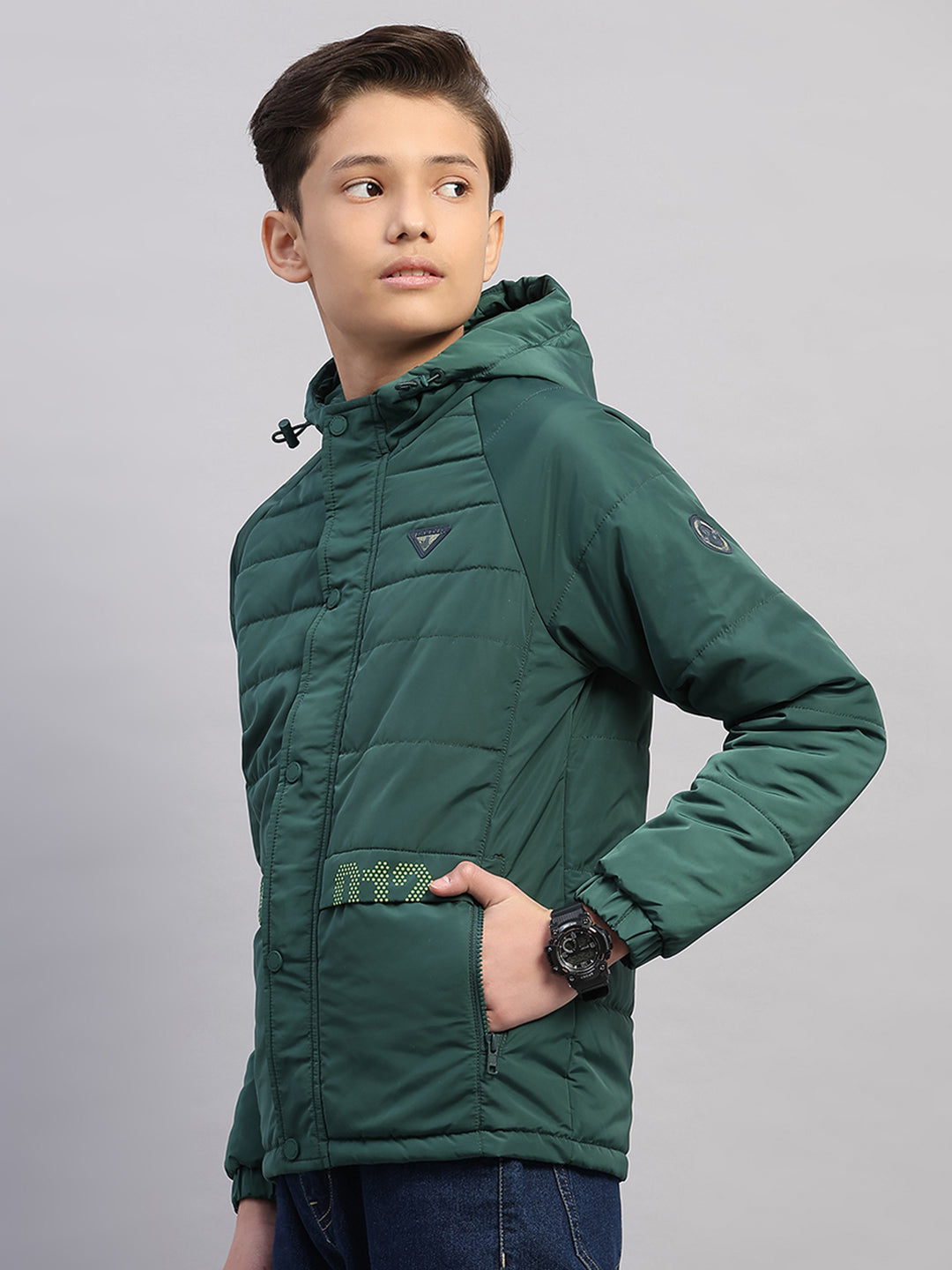 Boys Green Printed Hooded Full Sleeve Jacket