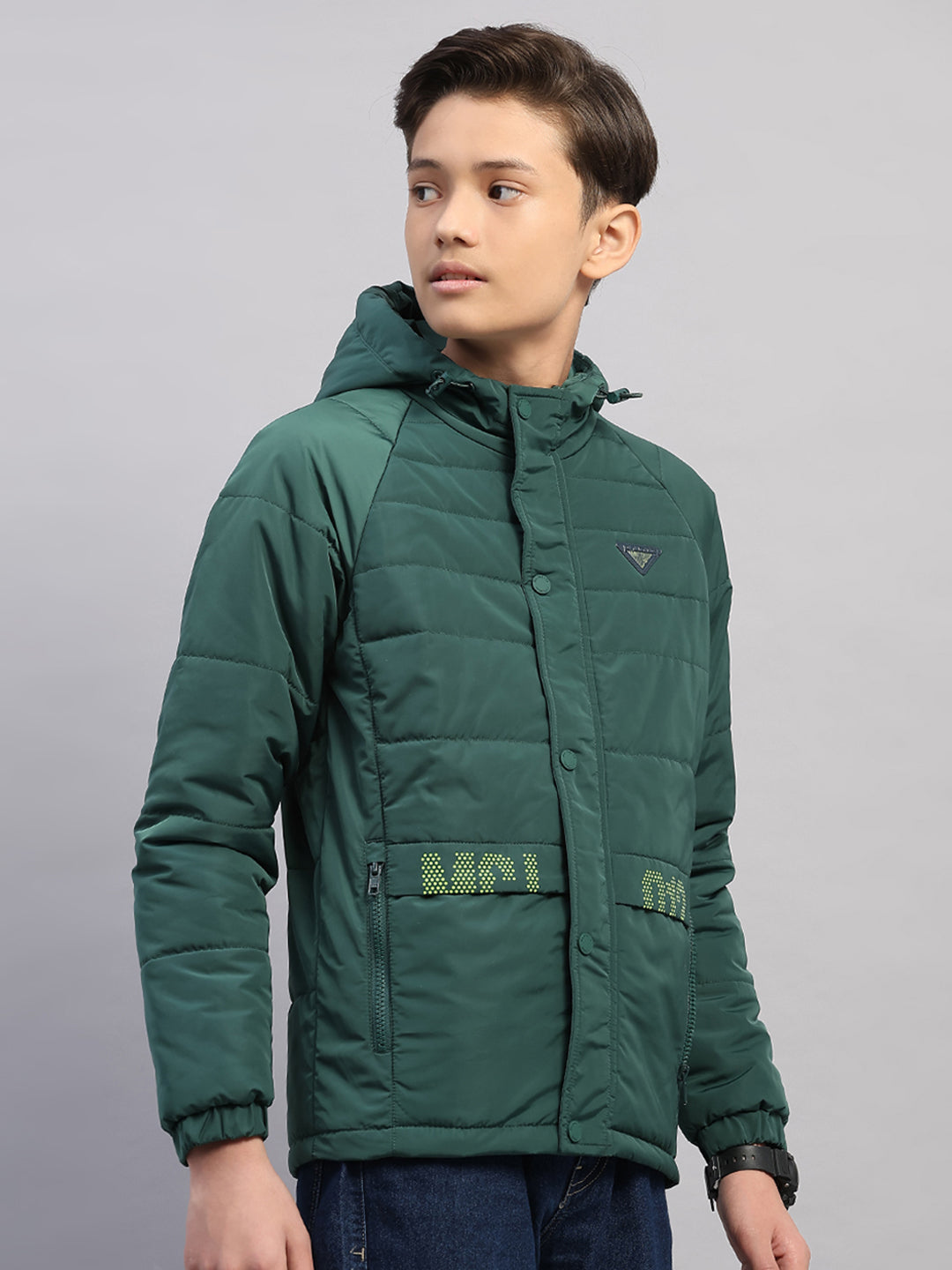 Boys Green Printed Hooded Full Sleeve Jacket