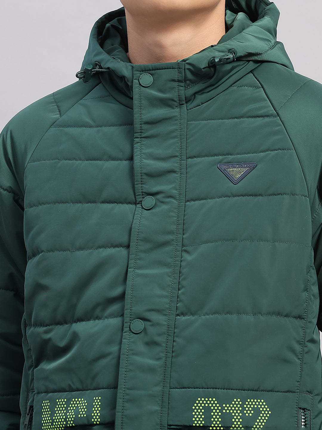 Boys Green Printed Hooded Full Sleeve Jacket