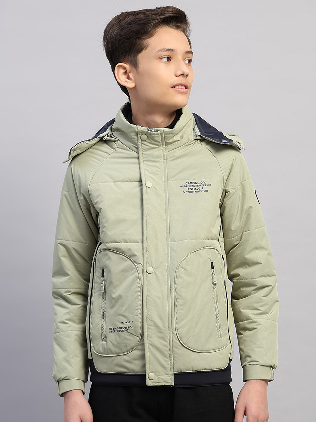 Boys Green Printed Hooded Full Sleeve Jacket
