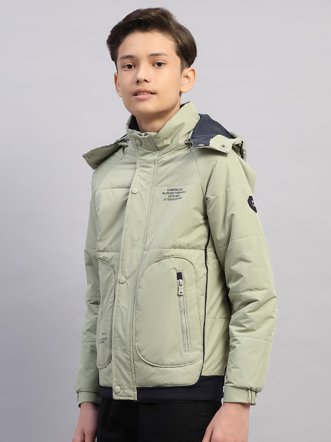 Boys Green Printed Hooded Full Sleeve Jacket