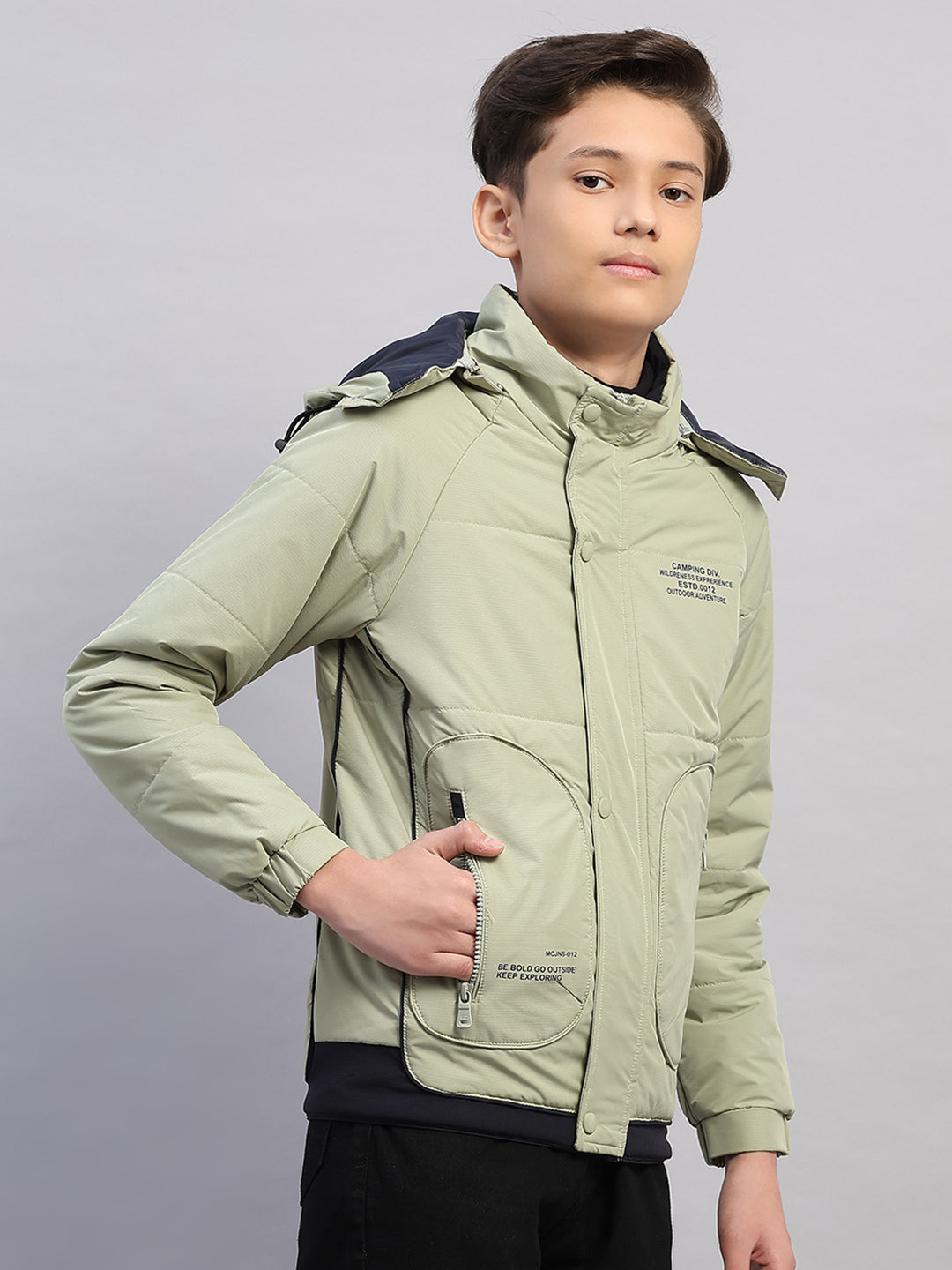 Boys Green Printed Hooded Full Sleeve Jacket