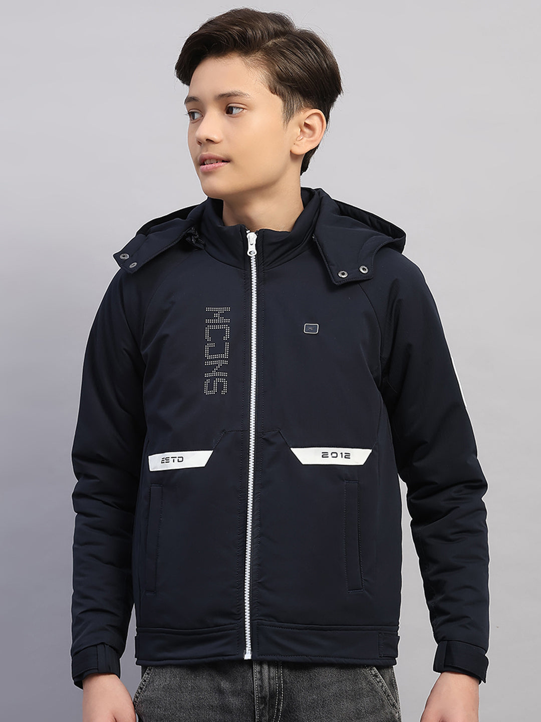 Boys Navy Blue Printed Hooded Full Sleeve Jacket
