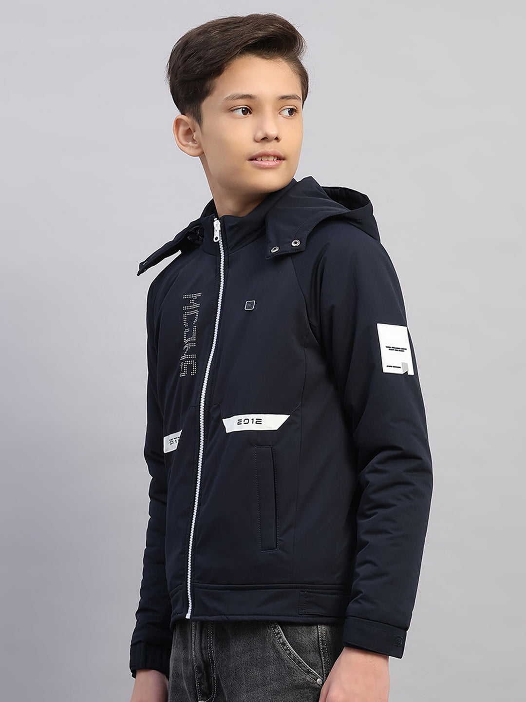 Boys Navy Blue Printed Hooded Full Sleeve Jacket