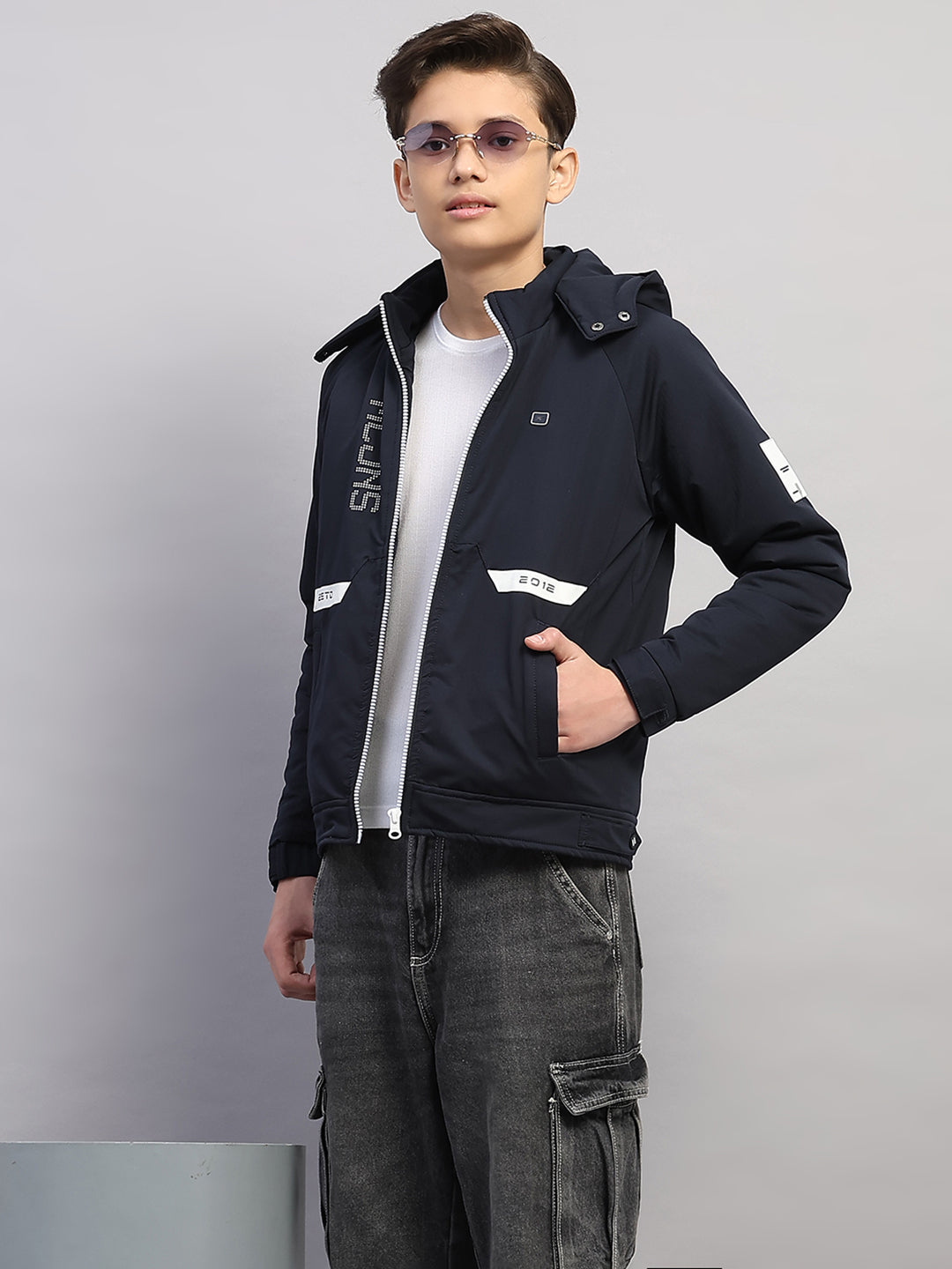 Boys Navy Blue Printed Hooded Full Sleeve Jacket