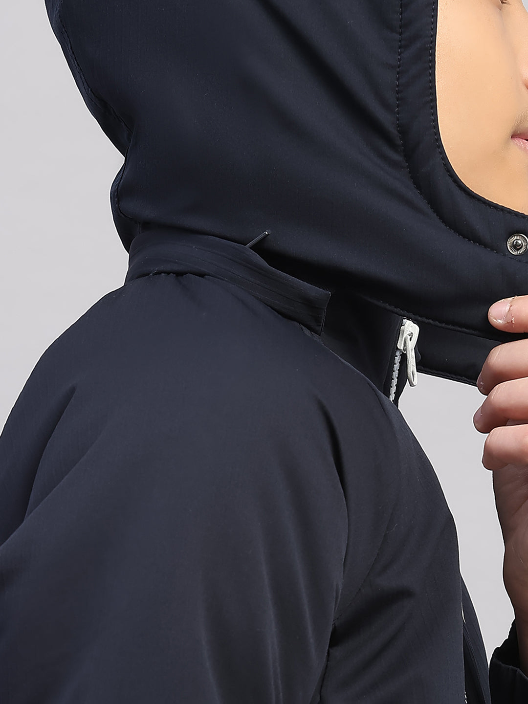 Boys Navy Blue Printed Hooded Full Sleeve Jacket