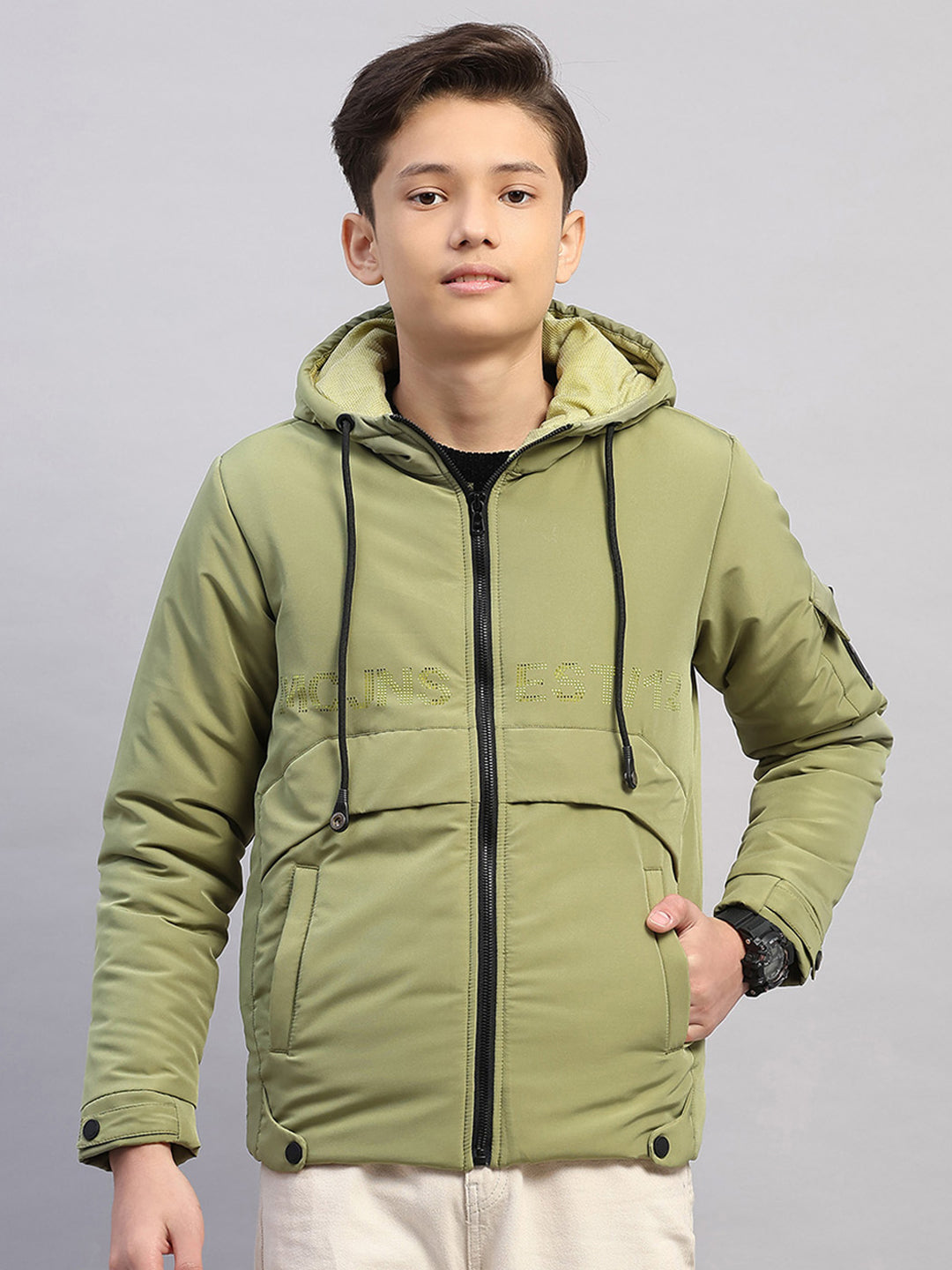 Boys Green Solid Hooded Full Sleeve Jacket