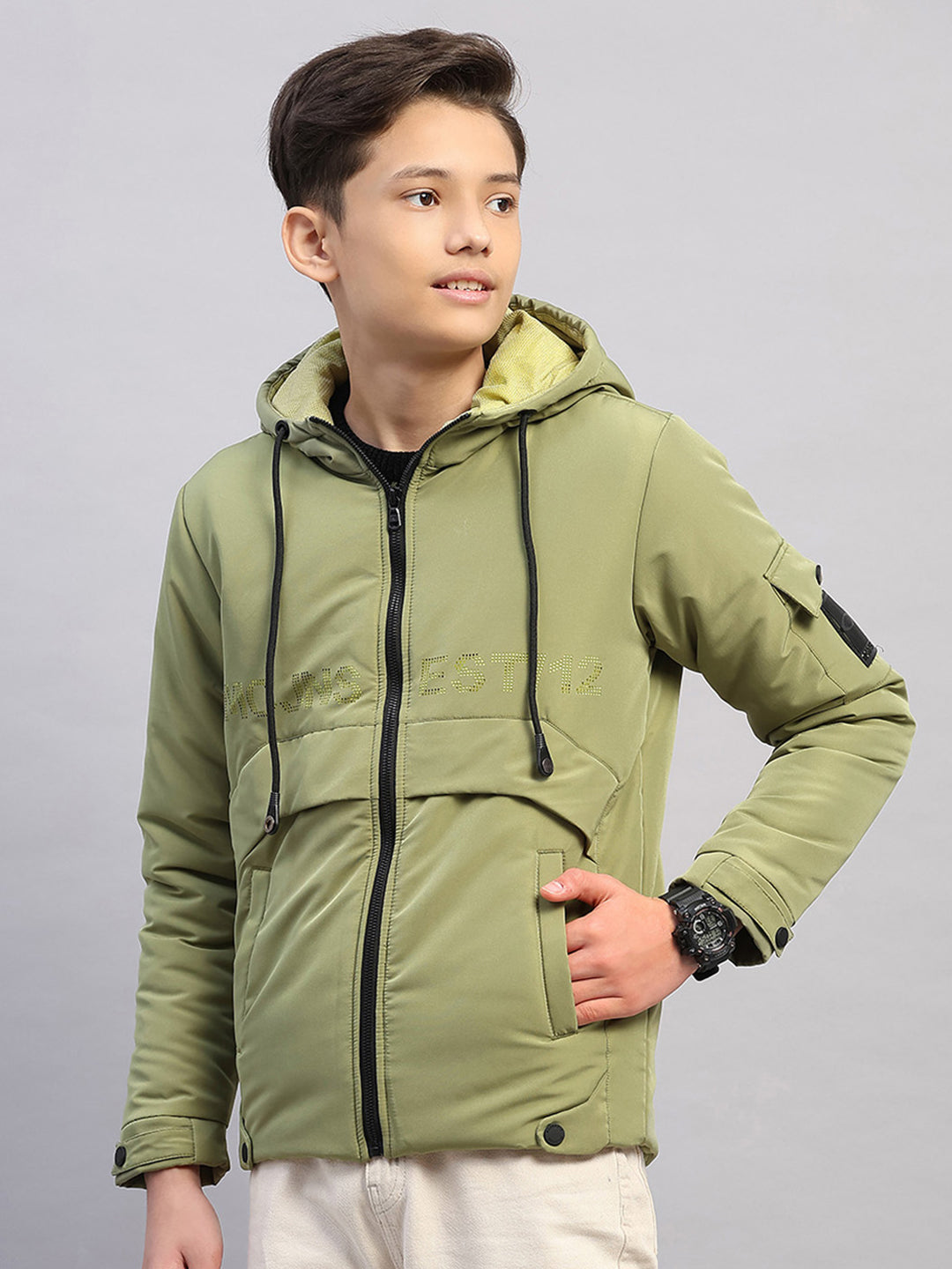 Boys Green Solid Hooded Full Sleeve Jacket