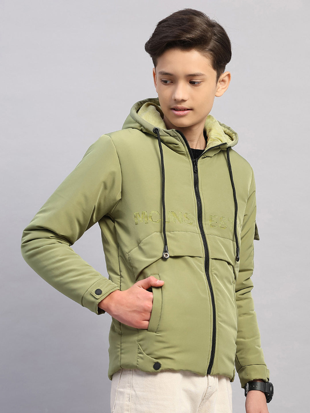 Boys Green Solid Hooded Full Sleeve Jacket