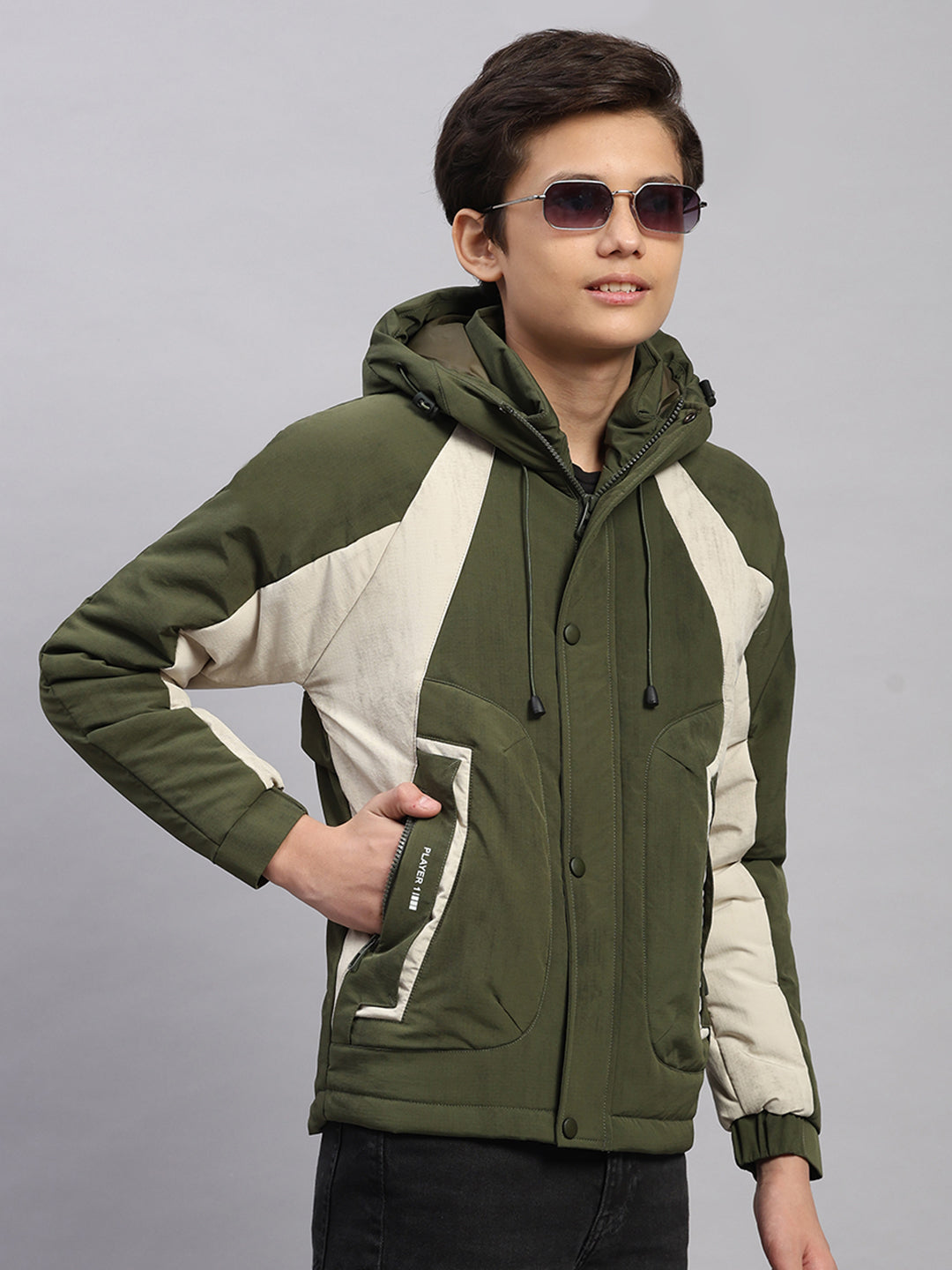 Boys Olive Printed Hooded Full Sleeve Jacket