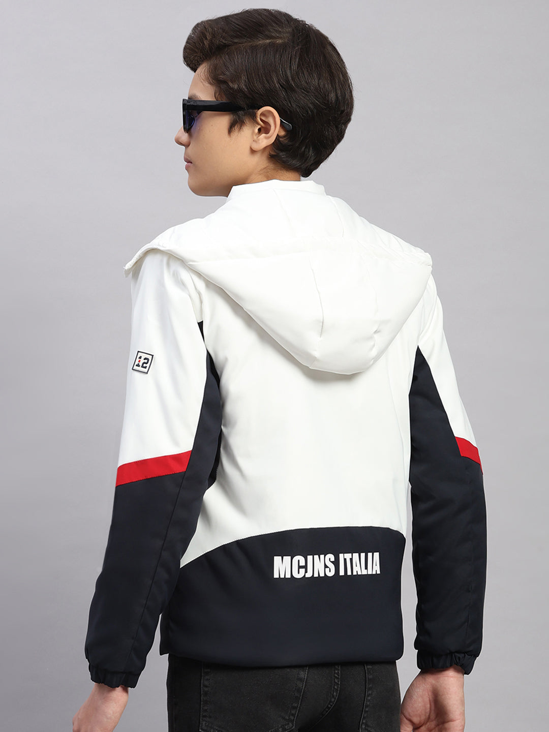 Boys White Solid Hooded Full Sleeve Jacket