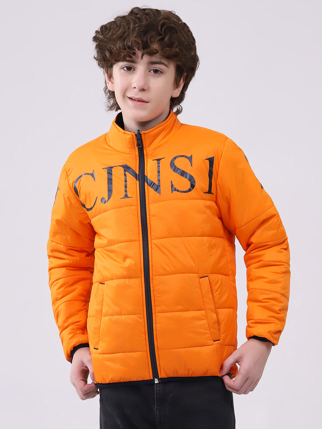 Boys Orange Printed Mock Neck Full Sleeve Boys Reversible Jacket