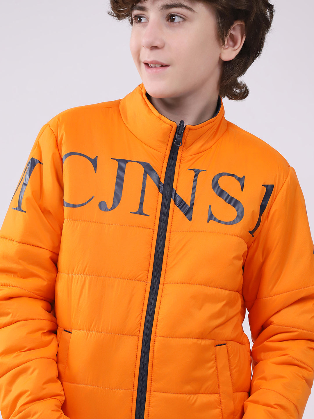 Boys Orange Printed Mock Neck Full Sleeve Boys Reversible Jacket