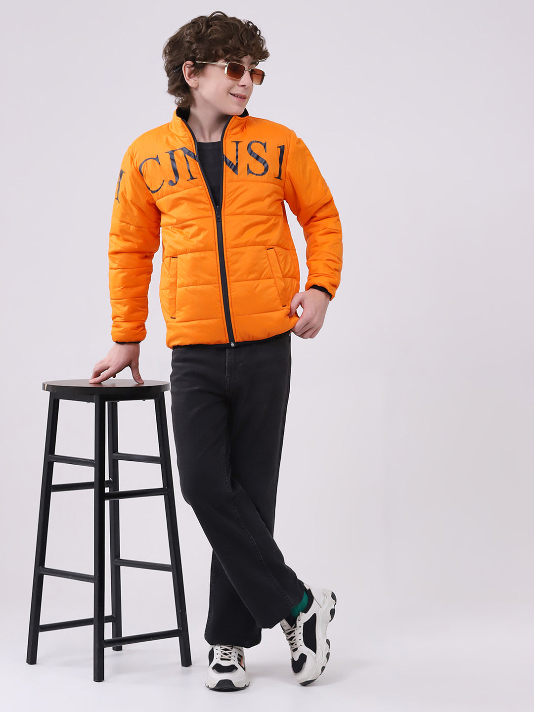 Boys Orange Printed Mock Neck Full Sleeve Boys Reversible Jacket