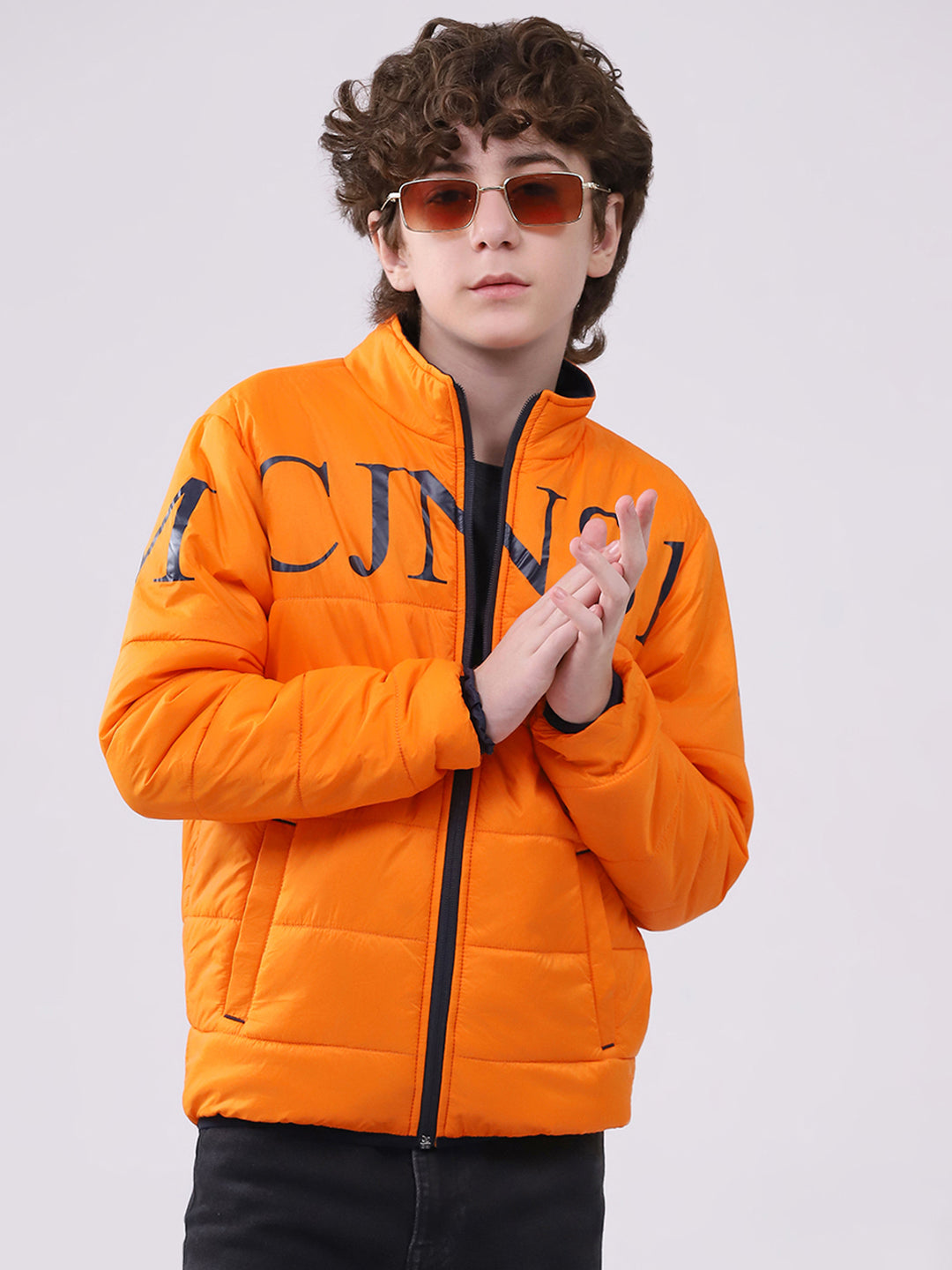 Boys Orange Printed Mock Neck Full Sleeve Boys Reversible Jacket