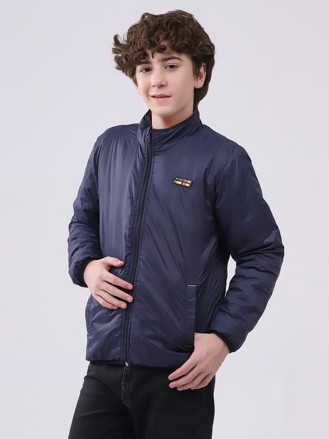 Boys Orange Printed Mock Neck Full Sleeve Boys Reversible Jacket