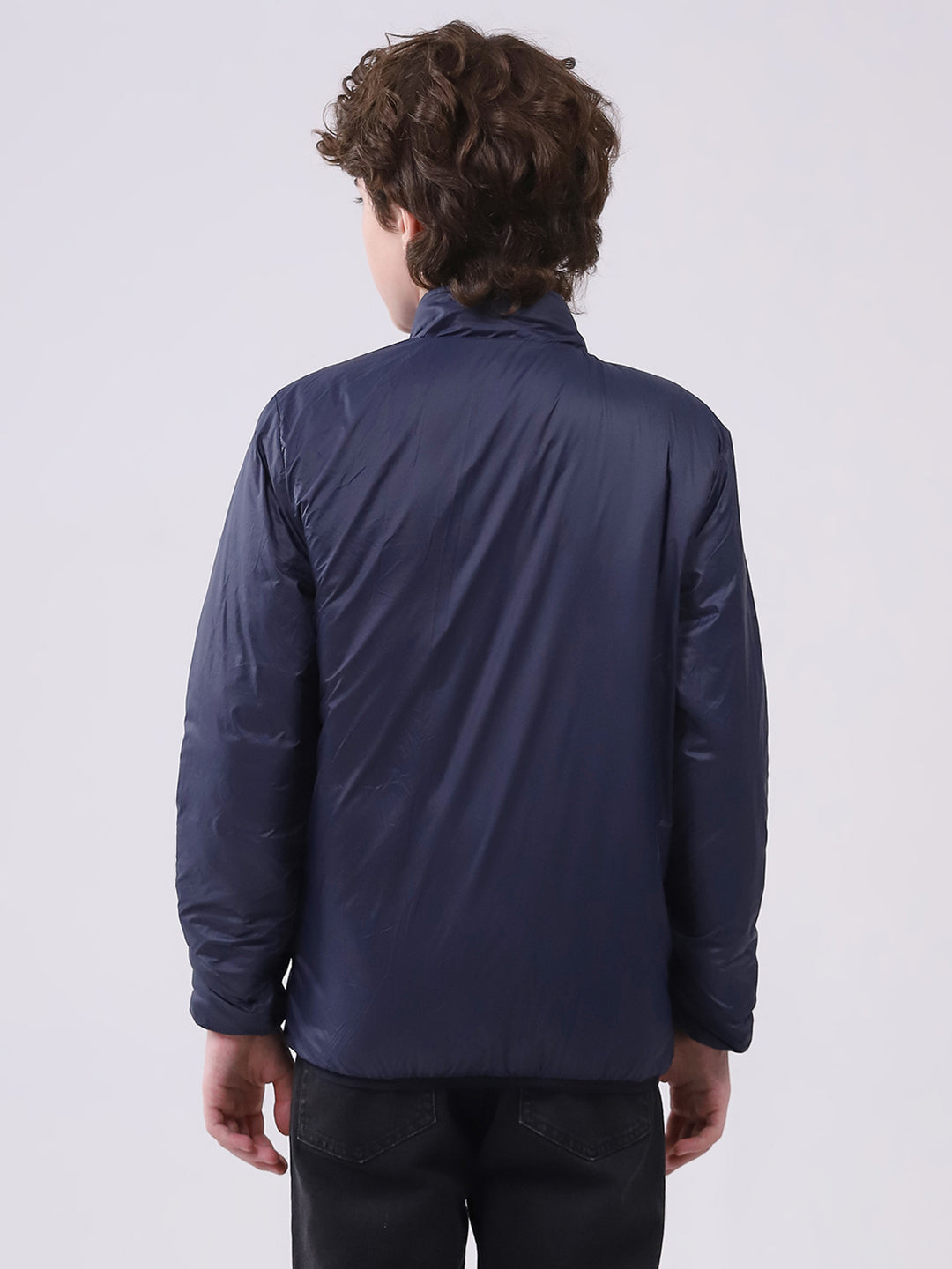 Boys Orange Printed Mock Neck Full Sleeve Boys Reversible Jacket