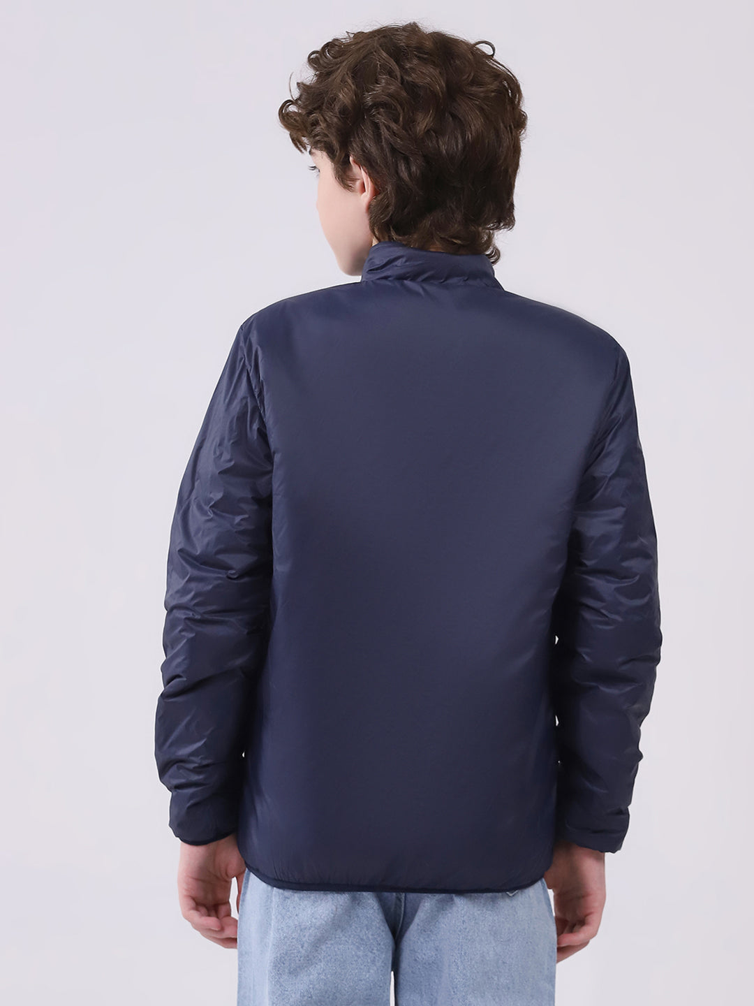 Boys Green Printed Mock Neck Full Sleeve Boys Reversible Jacket