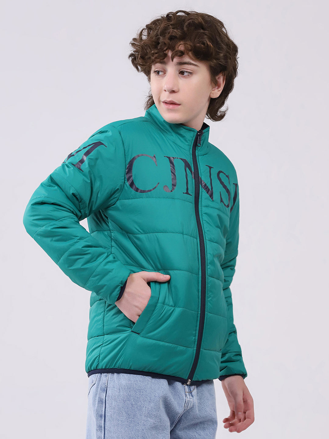 Boys Green Printed Mock Neck Full Sleeve Boys Reversible Jacket