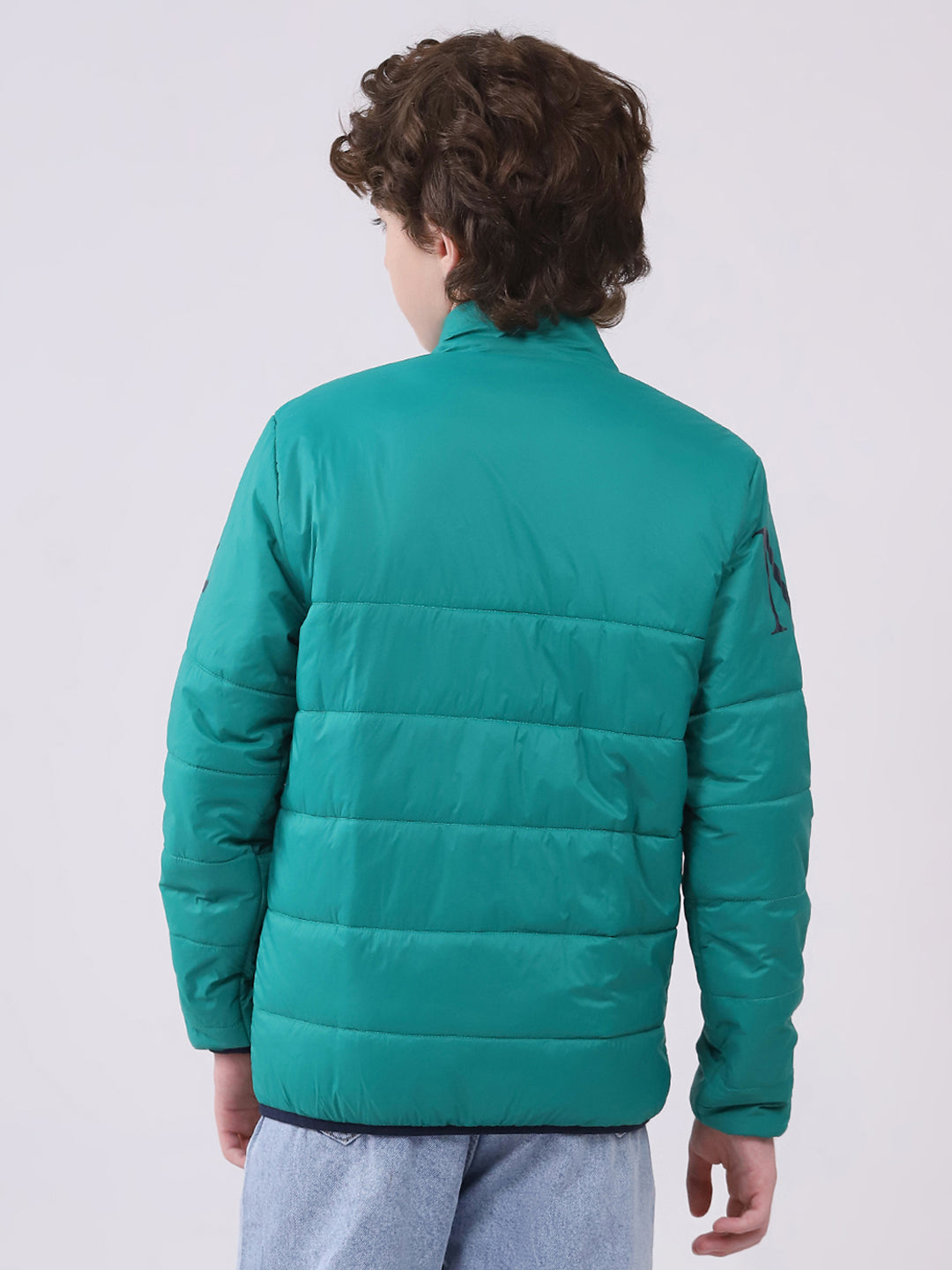 Boys Green Printed Mock Neck Full Sleeve Boys Reversible Jacket