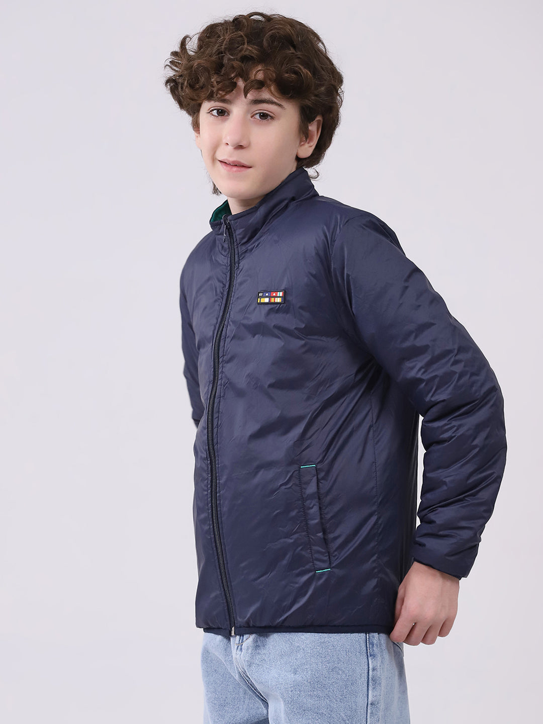 Boys Green Printed Mock Neck Full Sleeve Boys Reversible Jacket