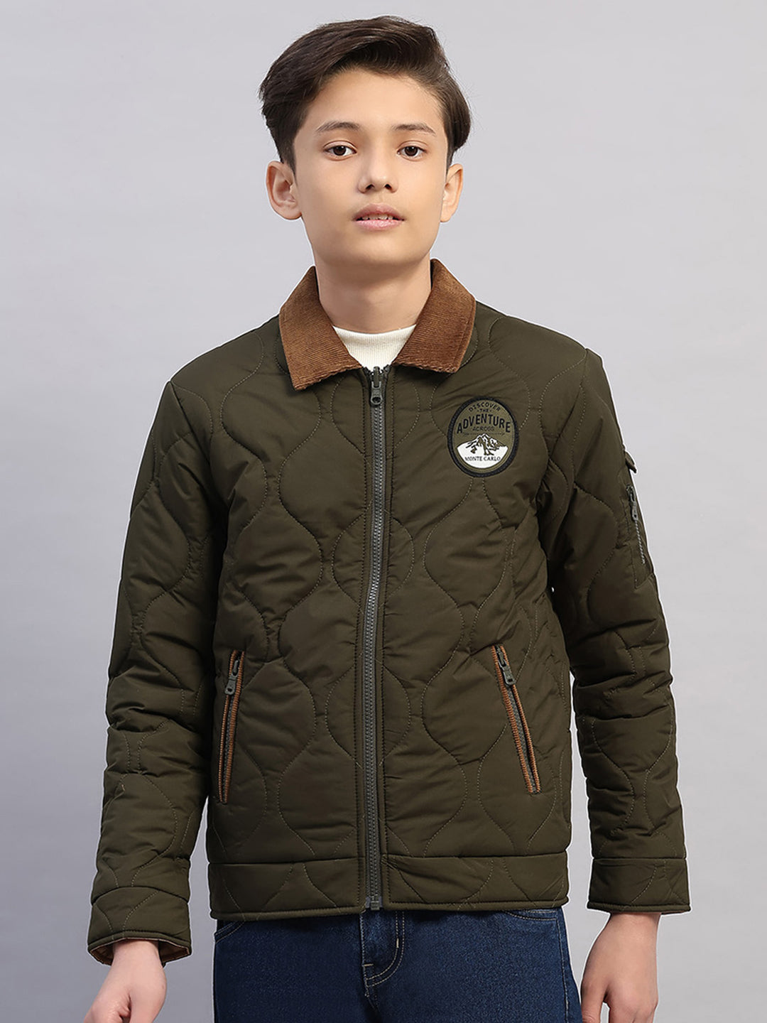 Boys Olive Solid Collar Full Sleeve Reversible Shacket